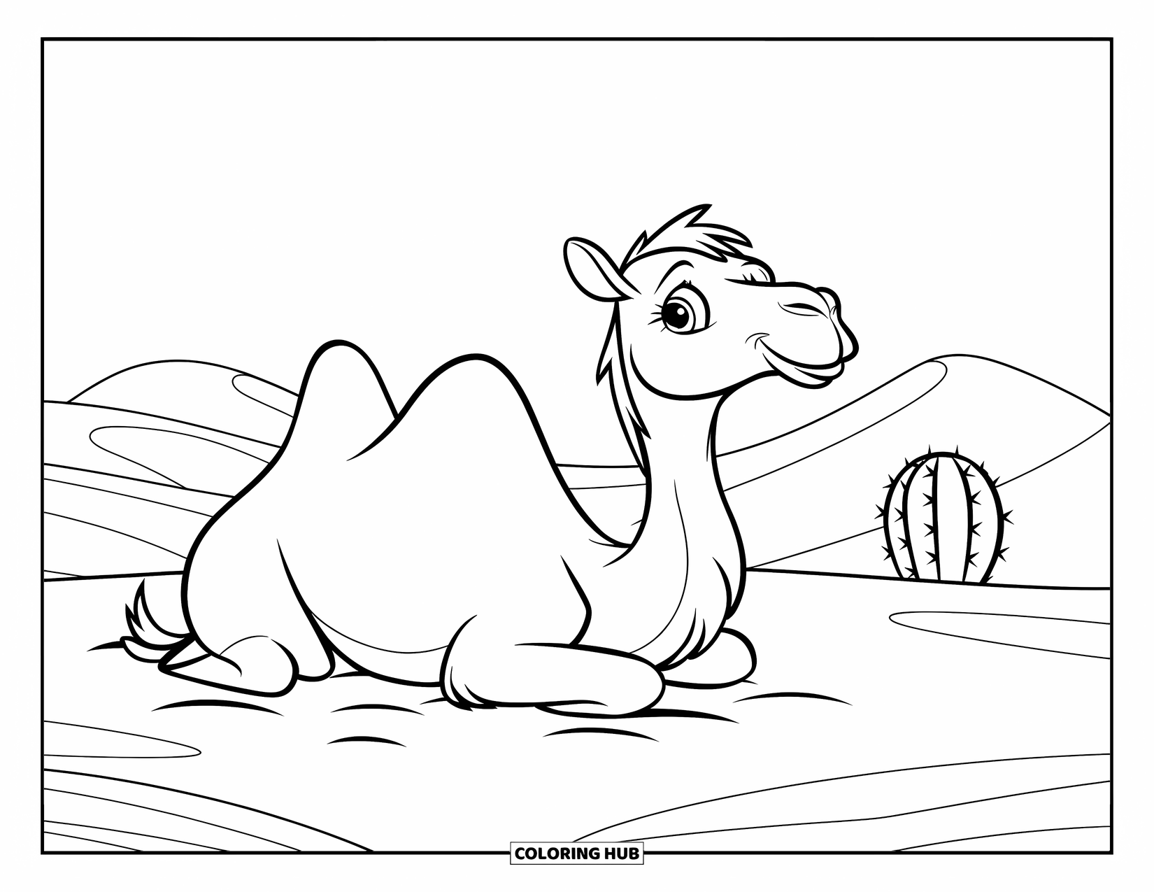 Camel Coloring Page for Kids: Playful camel resting beside cactus with curved sand dunes behind