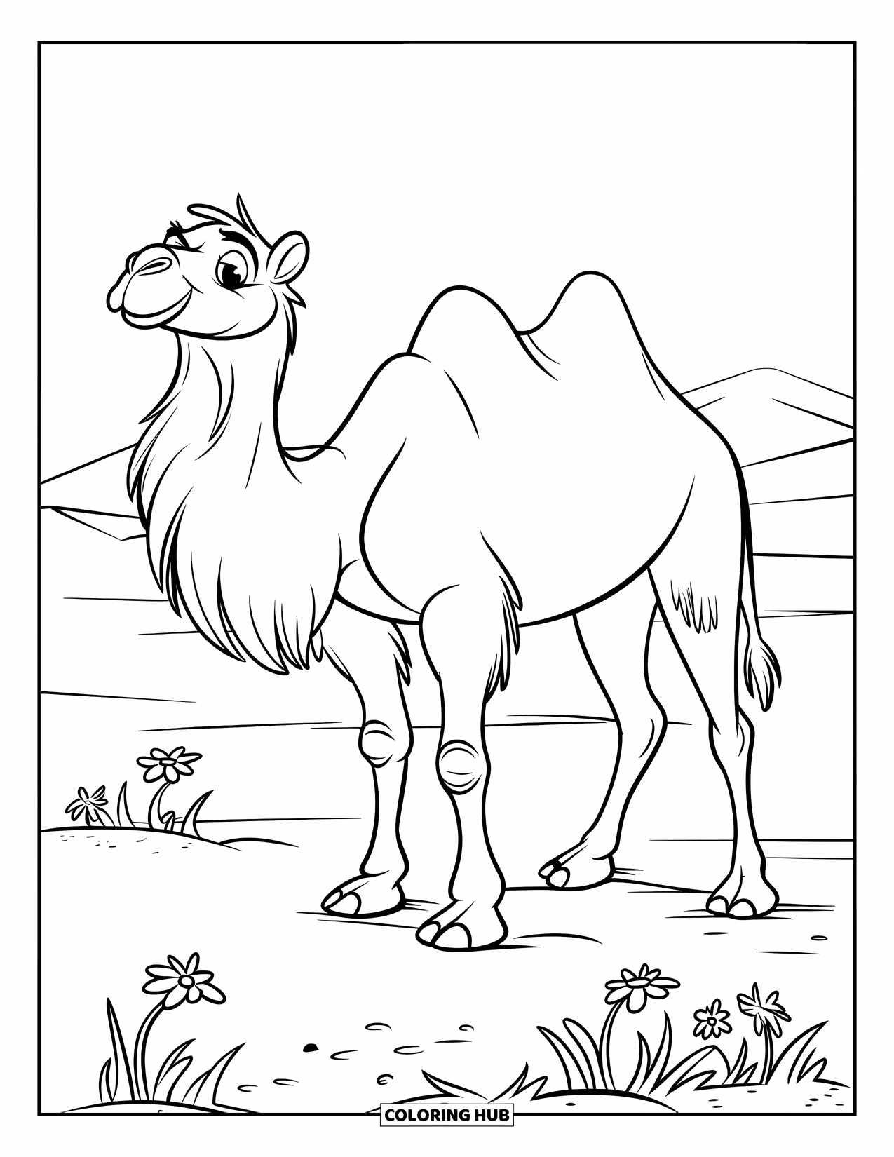 Camel Coloring Page for Kids: Smiling camel standing in desert sand with wildflowers and mountains