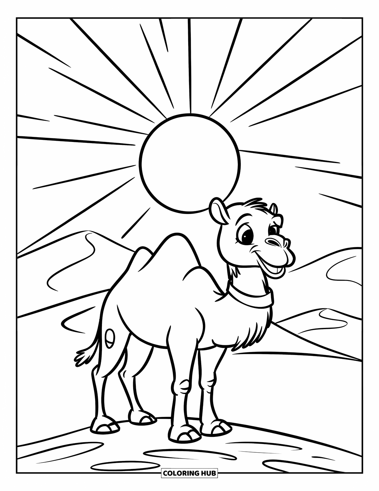Camel Coloring Page for Kids: Smiling camel with collar standing before a dune under a bright sun