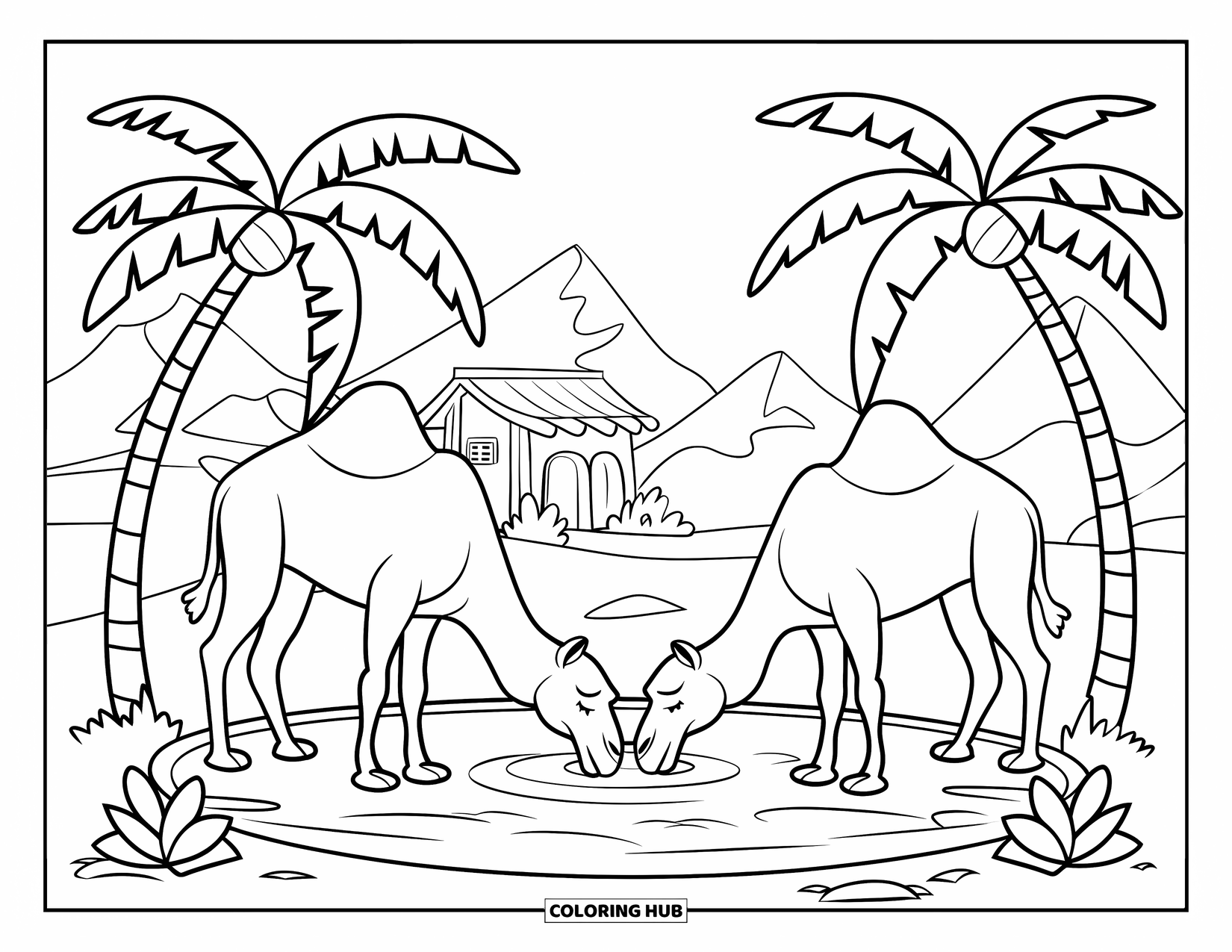 Camel Coloring Page for Kids: Two camels at an oasis with water, palm trees, and a small hut