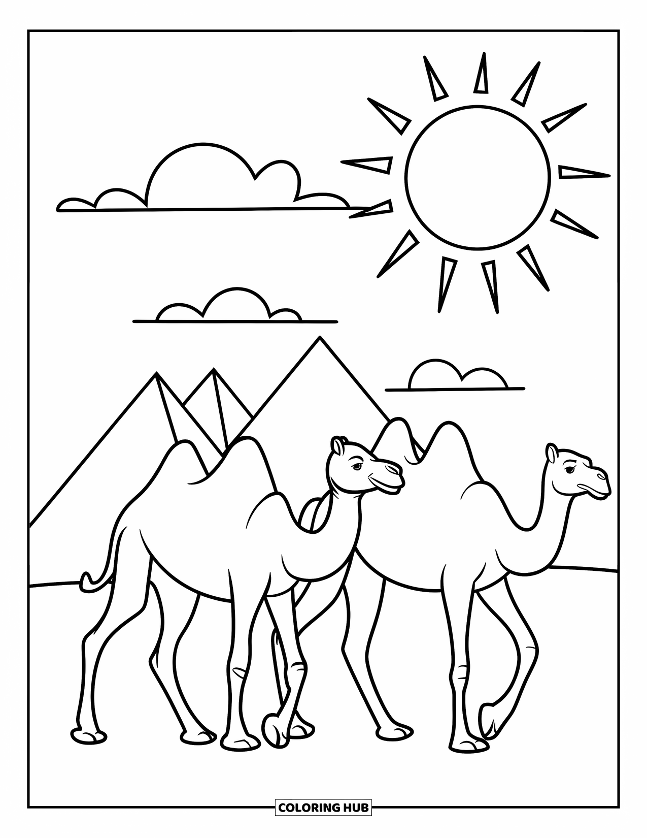 Camel Coloring Page for Kids: Two camels walking in front of small pyramids under a sunny sky