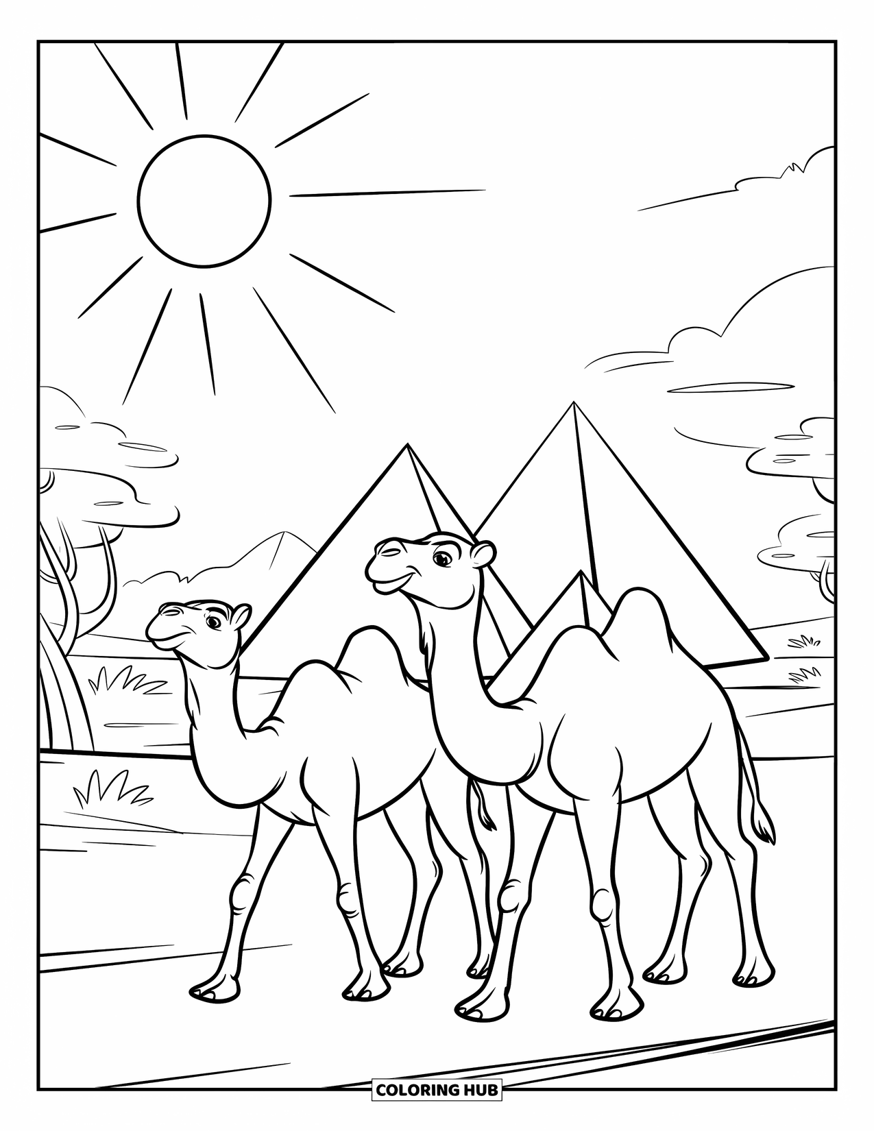 Camel Coloring Page for Kids: Two camels walking past pyramids in a desert with a few trees