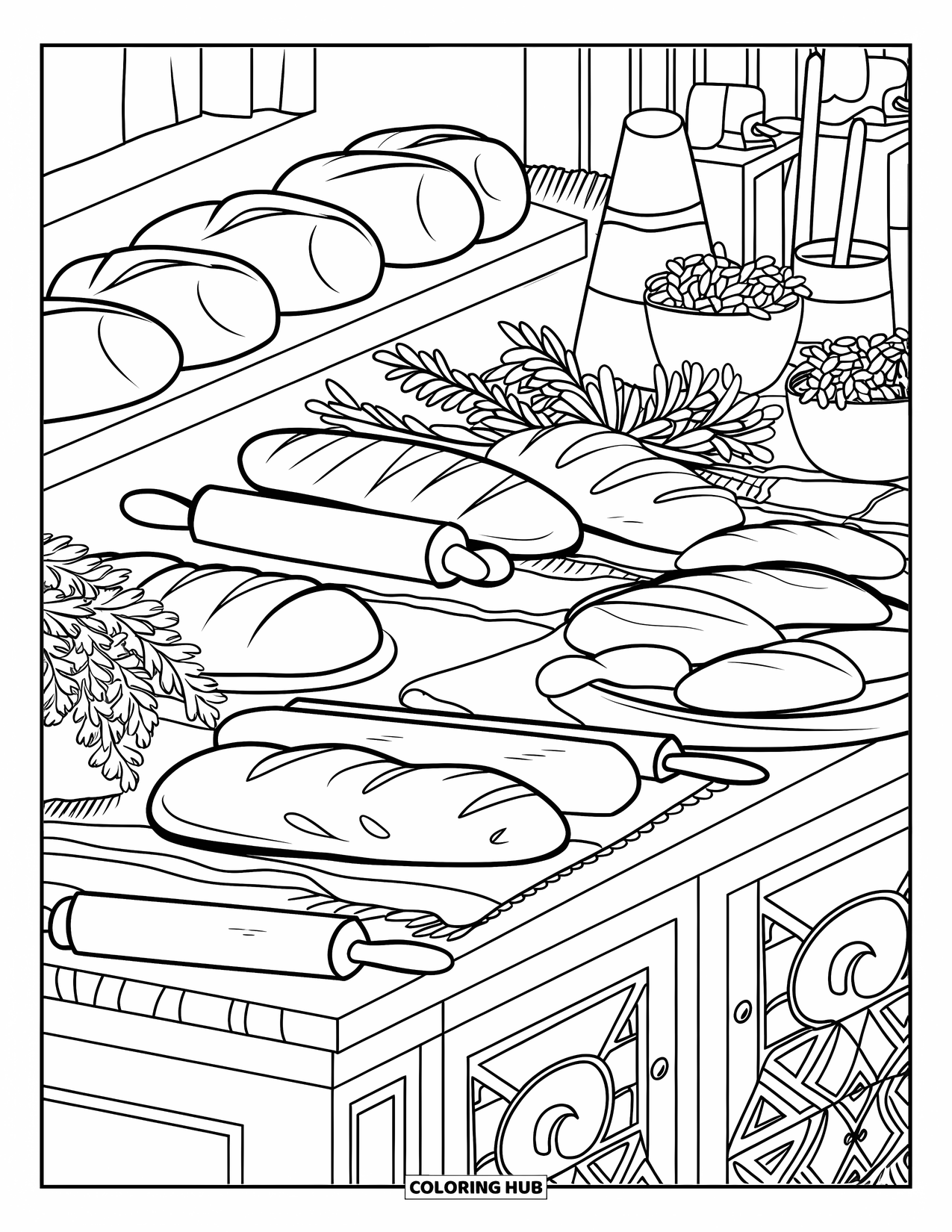 Career Coloring Page for Adults: A baker's peaceful setup includes bread, herbs, and tools arranged on a clean countertop