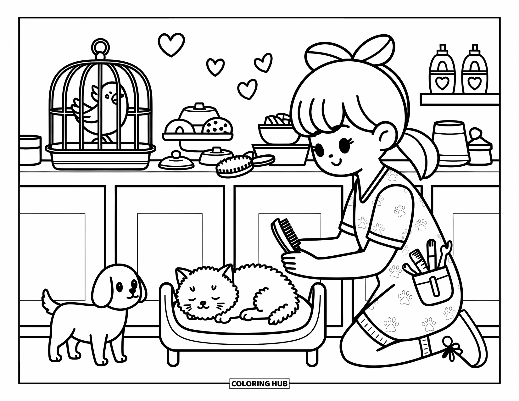 Career Coloring Page for Adults: A caring vet checks on a kitten with a dog and bird in a cozy pet clinic