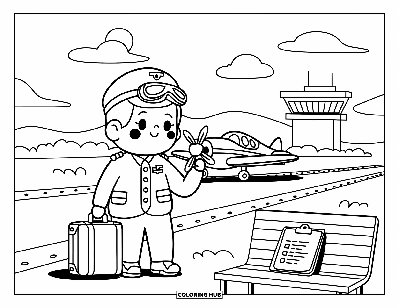 Career Coloring Page for Adults: A cheerful pilot poses beside a small propeller plane with a suitcase and clipboard nearby