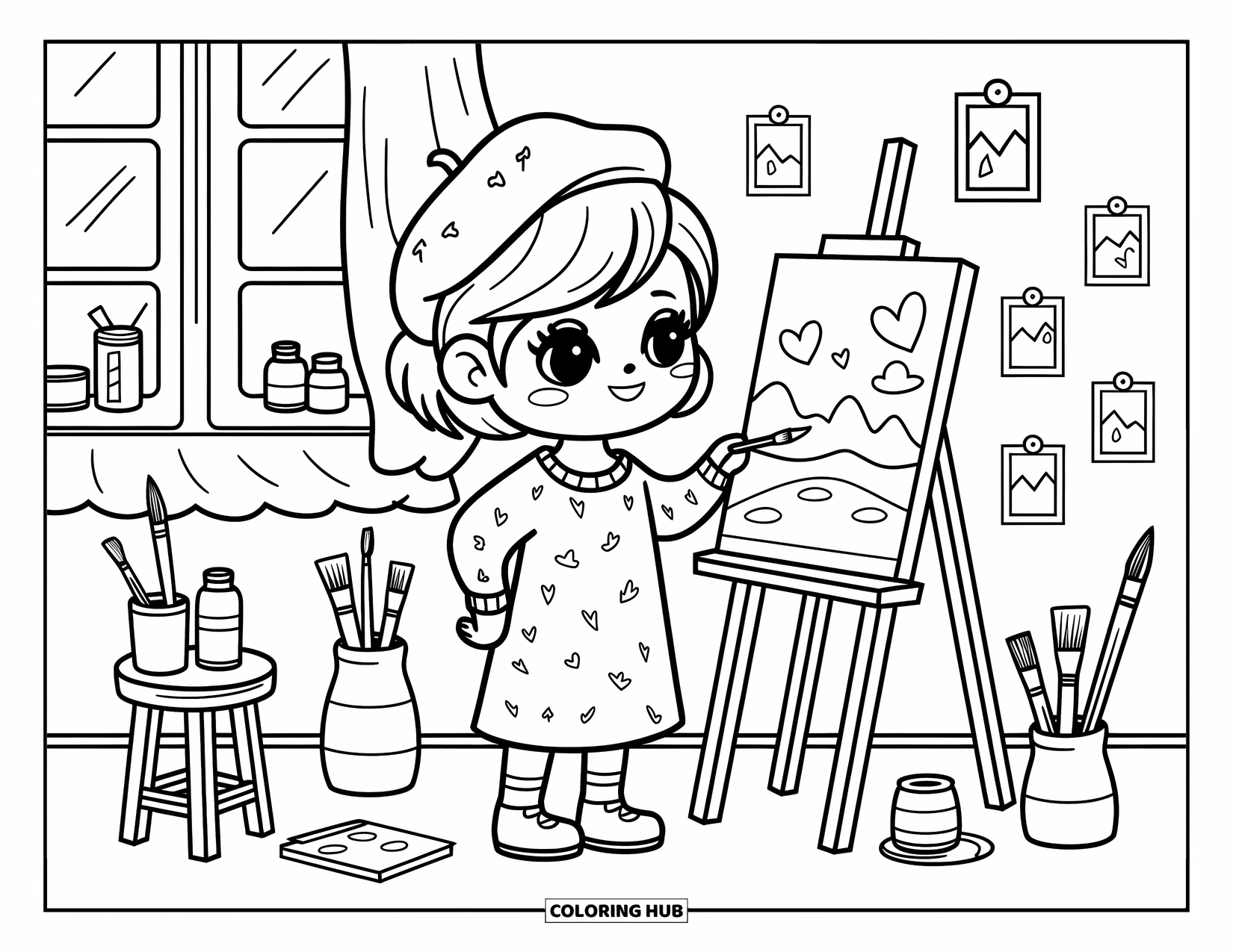 Career Coloring Page for Adults: A chibi artist stands in a cozy studio with paintbrushes, jars, and a half-finished painting