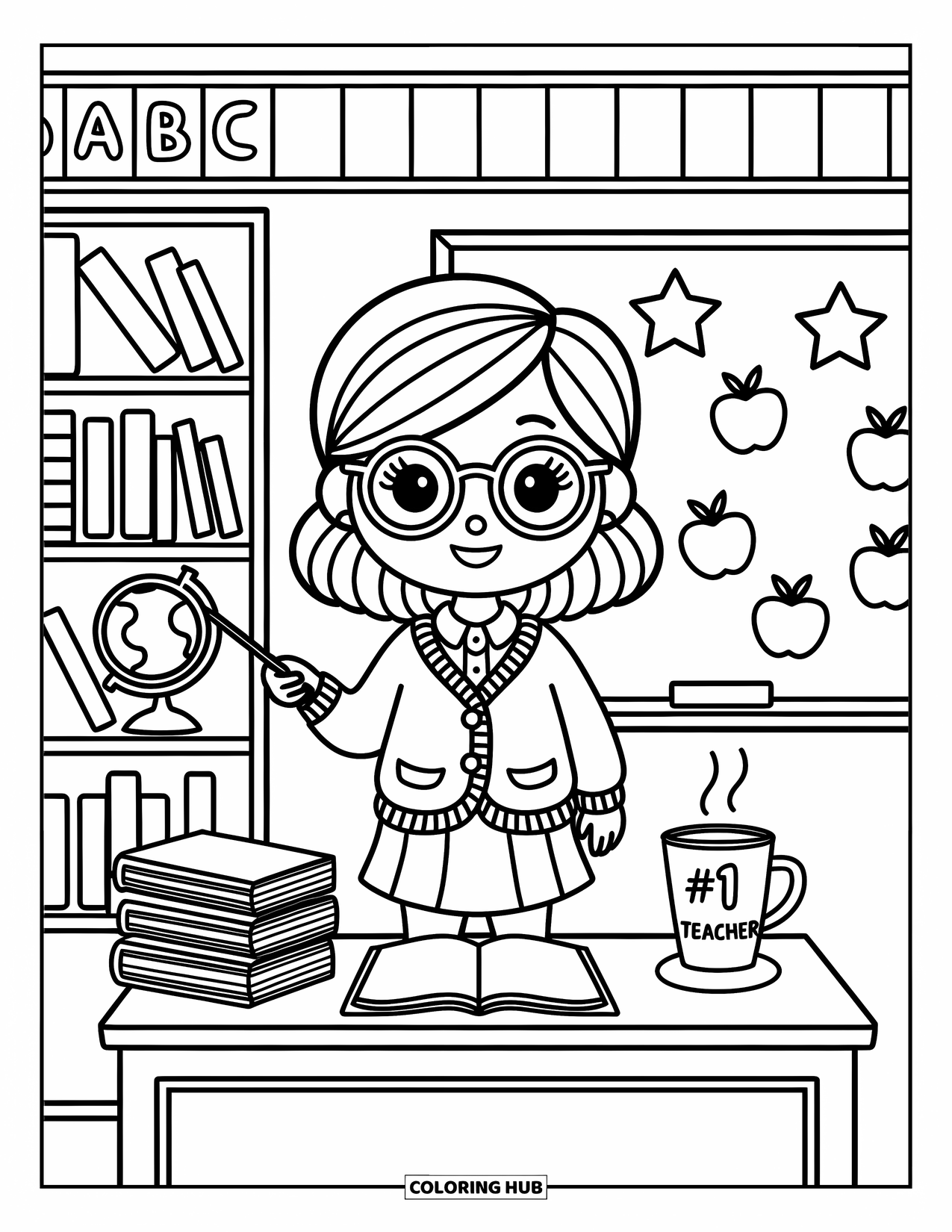 Career Coloring Page for Adults: A chibi teacher holds a pointer in a cozy room with books, stars, and apples