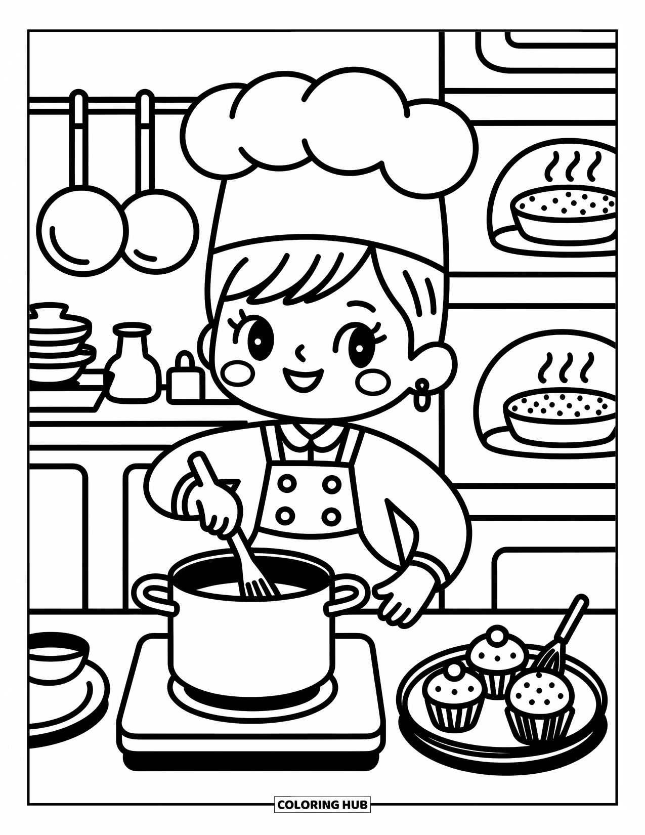 Career Coloring Page for Adults: A cute chef stirs a pot in a cozy kitchen filled with sweet and savory treats
