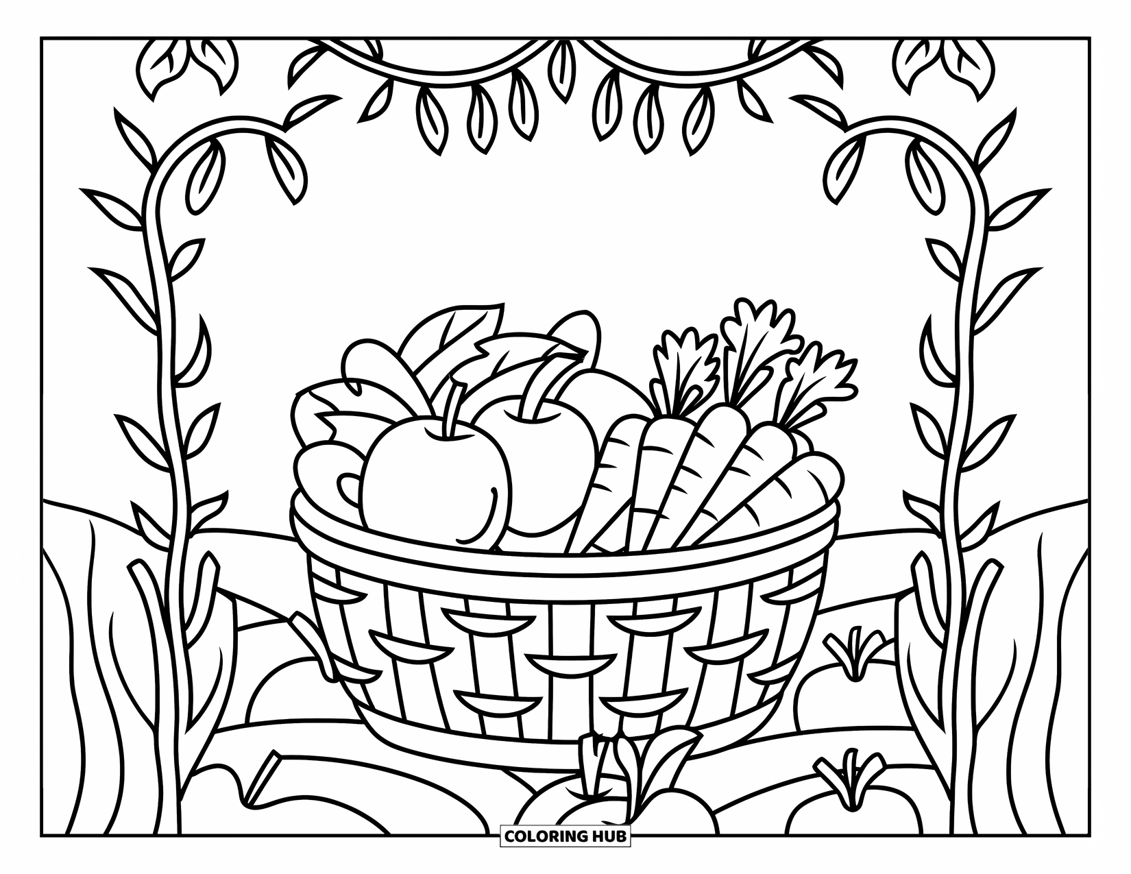 Career Coloring Page for Adults: A farmer's basket full of apples, carrots, and tomatoes sits framed by leafy vines