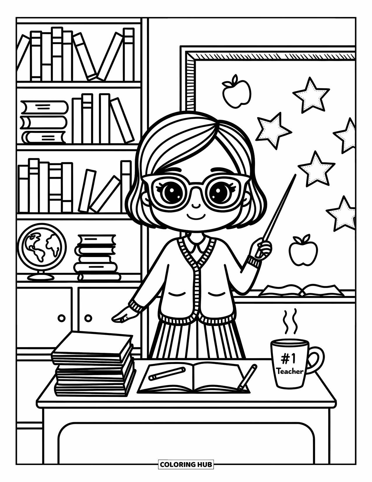 Career Coloring Page for Adults: A friendly teacher points at the alphabet on the chalkboard in a warm, book-filled classroom