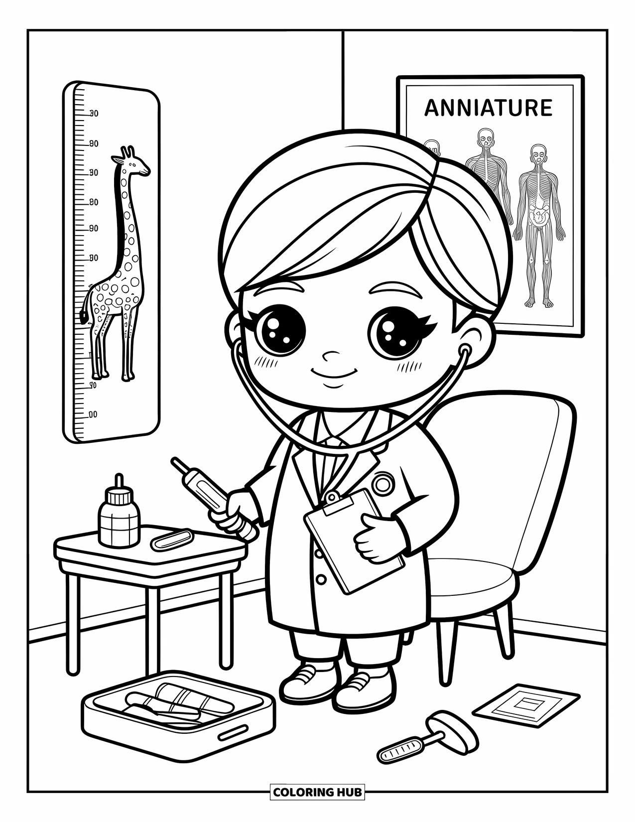 Career Coloring Page for Adults: A happy doctor stands in a cozy clinic with cute tools and a giraffe chart