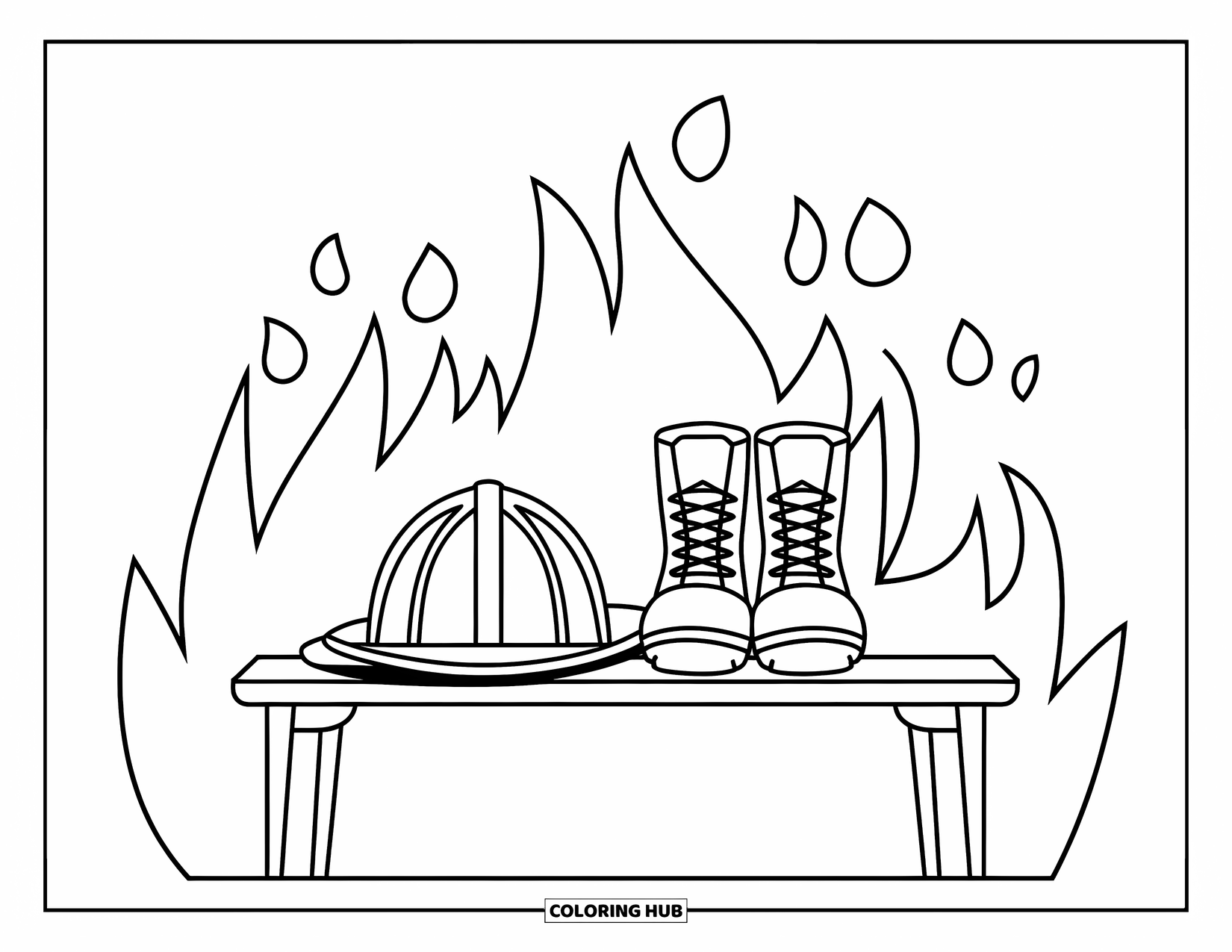 Career Coloring Page for Adults: A helmet and boots sit on a bench, surrounded by soft floral flame patterns