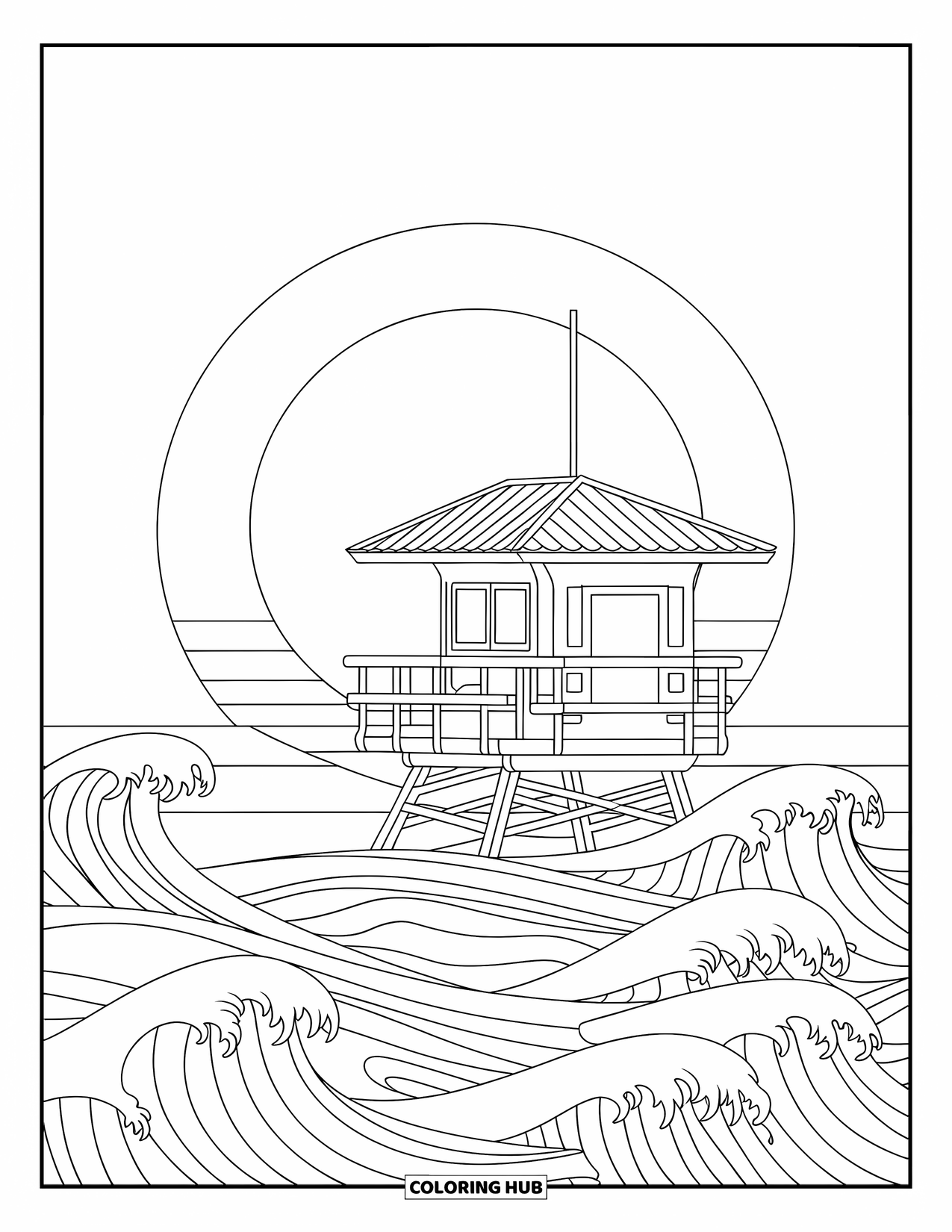 Career Coloring Page for Adults: A lifeguard tower rises over gentle waves with patterns and a warm sunset above
