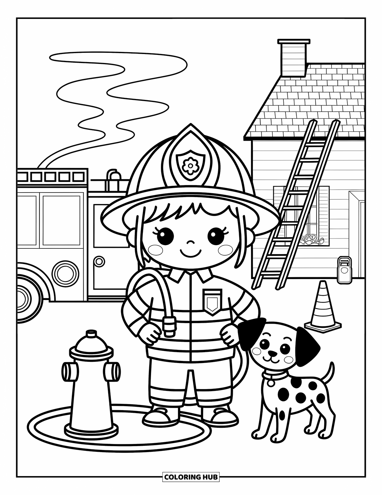 Career Coloring Page for Adults: A proud firefighter stands beside a fire truck with a hose and a calm Dalmatian