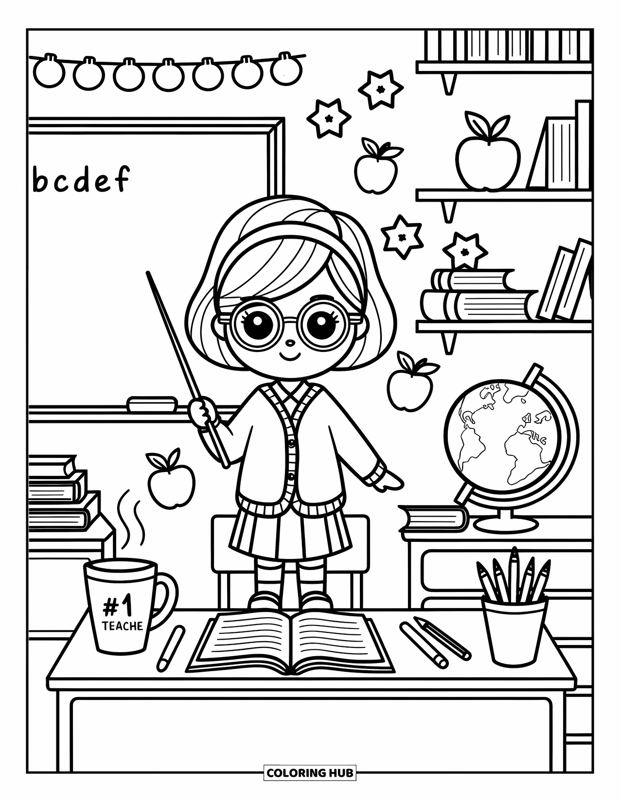 Career Coloring Page for Adults: A proud teacher with glasses stands by a chalkboard and desk labeled ì#1 Teacher.î