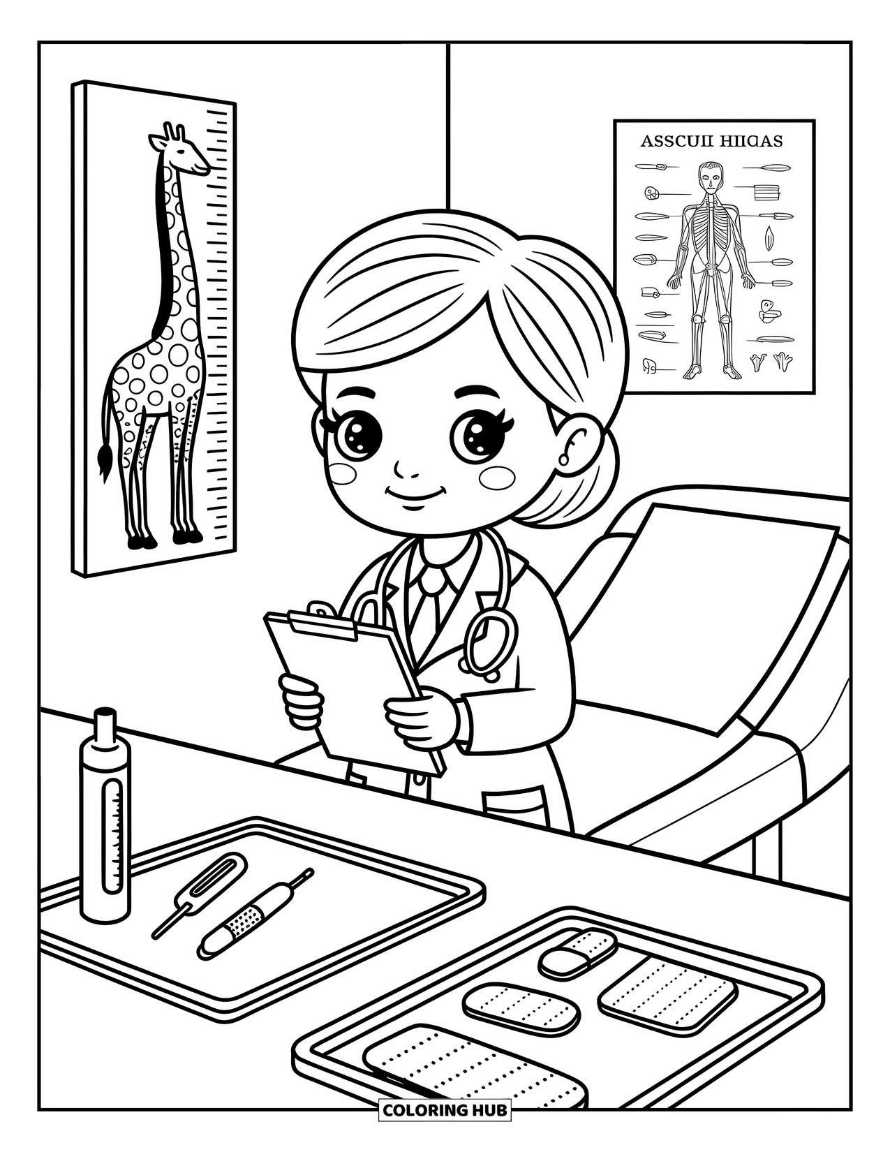 Career Coloring Page for Adults: A smiling doctor stands by an exam table in a warm, friendly clinic room