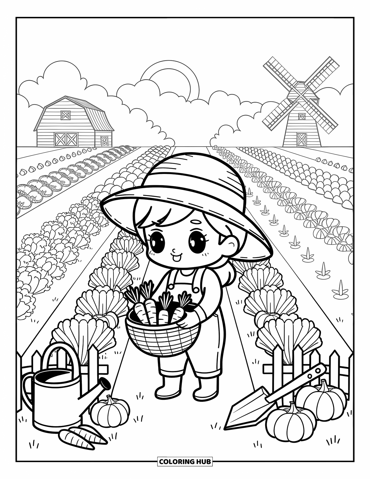 Career Coloring Page for Adults: A sweet farmer holds fresh carrots in a cozy garden with lettuce, tomatoes, and pumpkins
