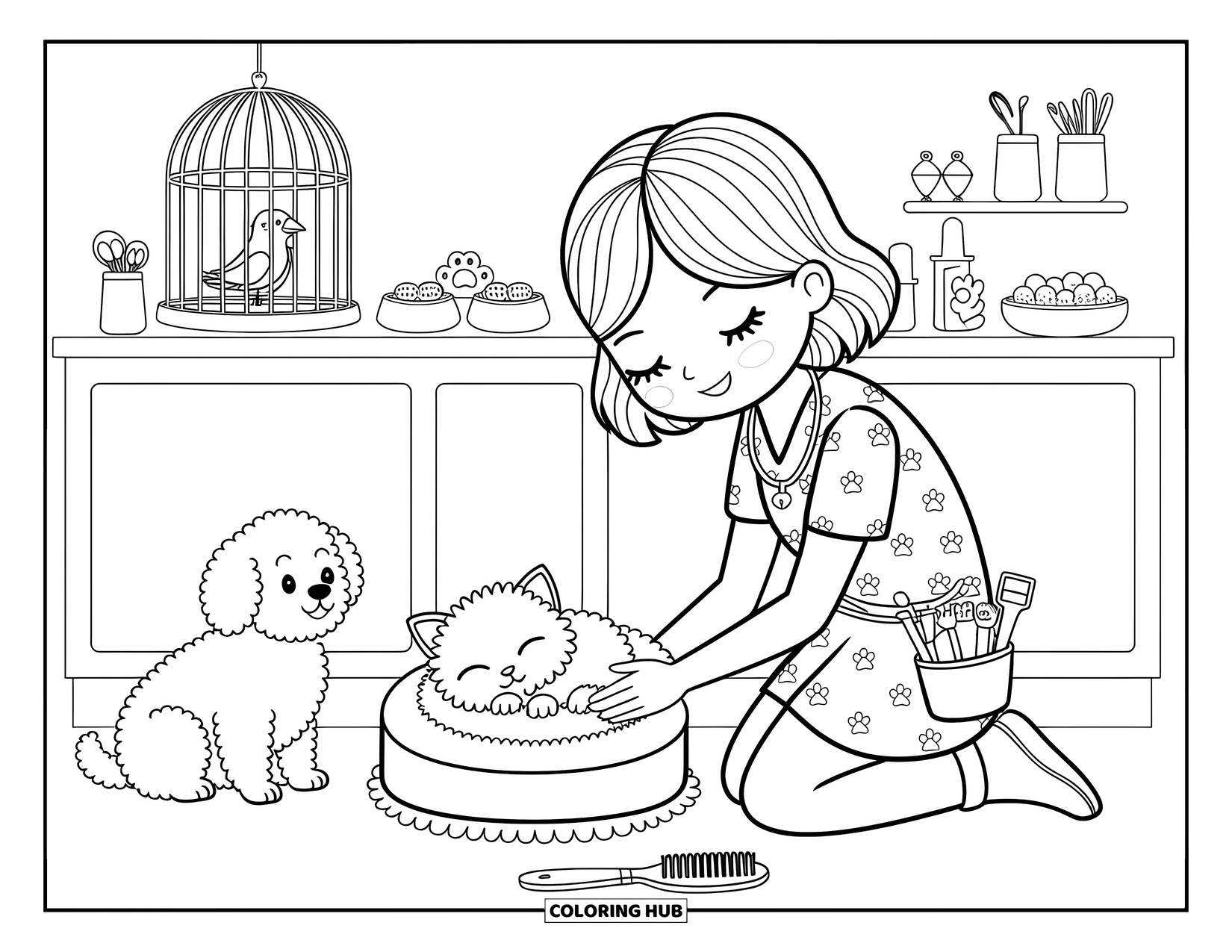 Career Coloring Page for Adults: A sweet veterinarian helps a kitten while a happy dog and chirping bird look on
