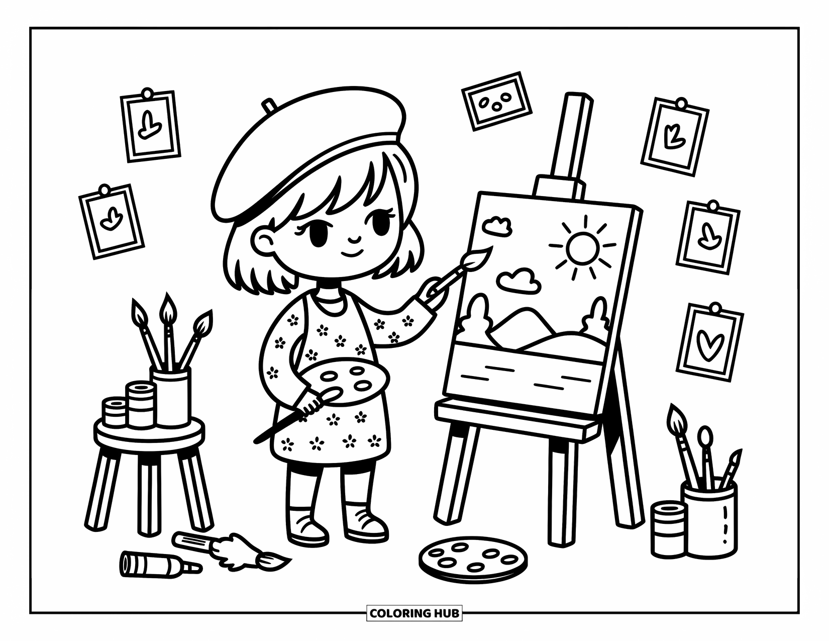 Career Coloring Page for Adults: A tiny artist in a painty smock stands proudly in a warm, colorful art studio