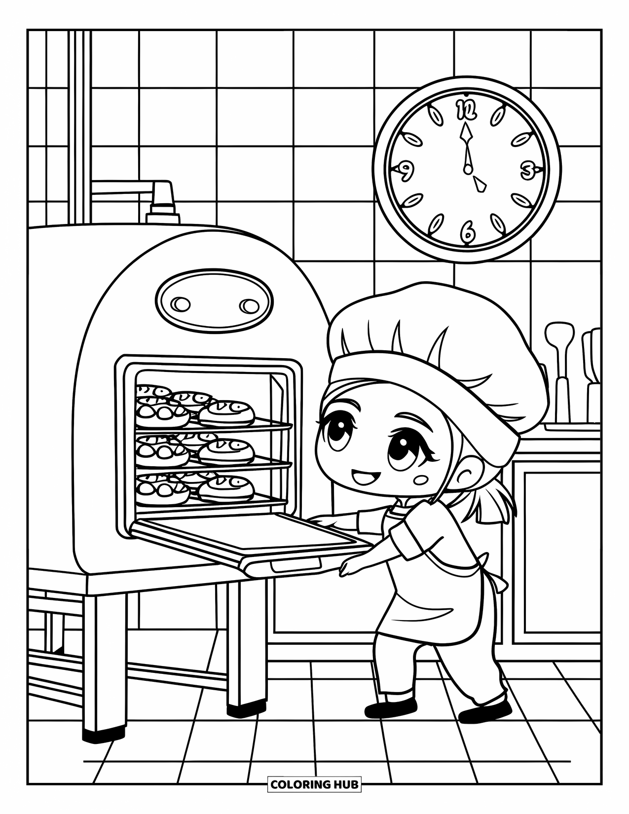 Career Coloring Page for Kids: A baker opens a pastry oven on a cart near a morning wall clock