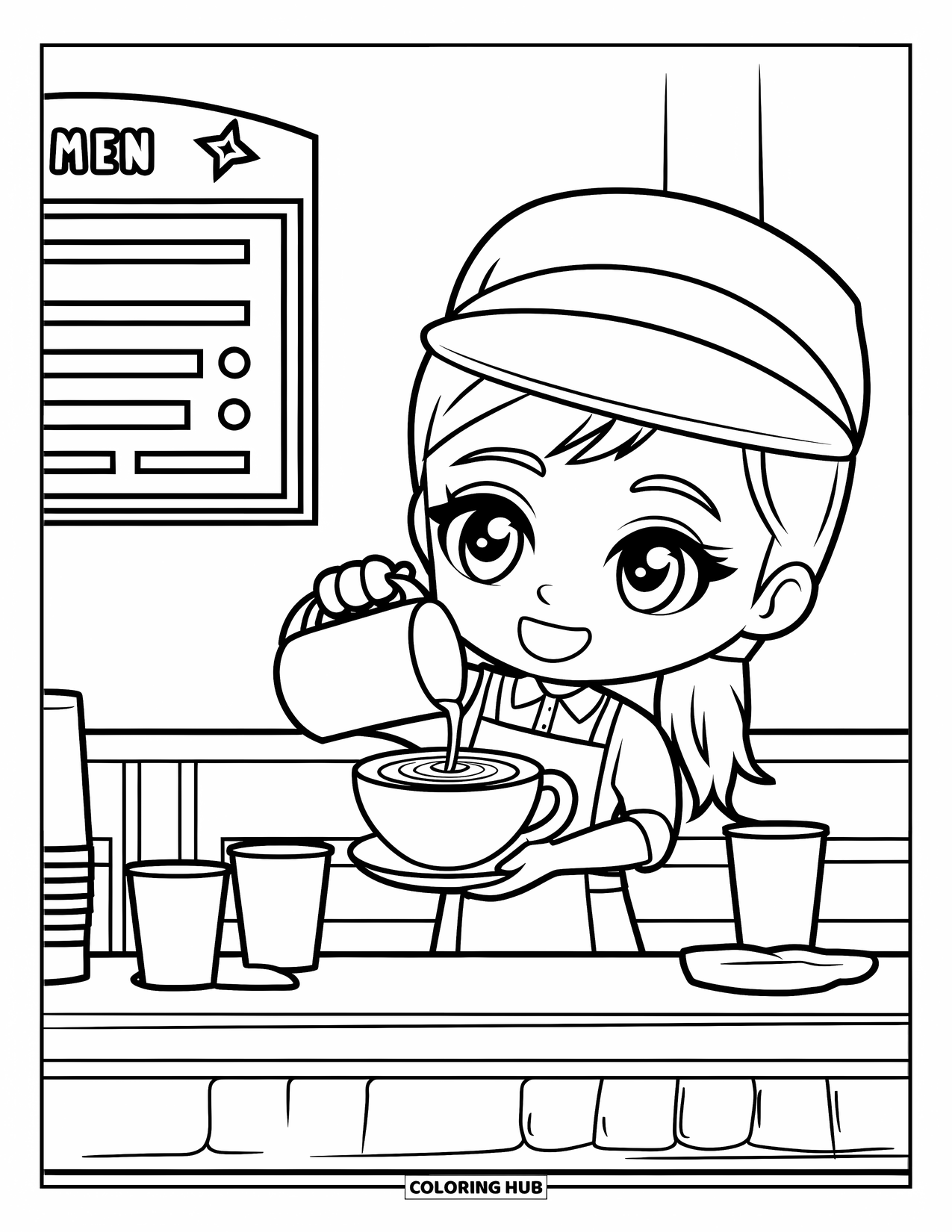 Career Coloring Page for Kids: A barista pours latte art behind a counter with cups and a menu board