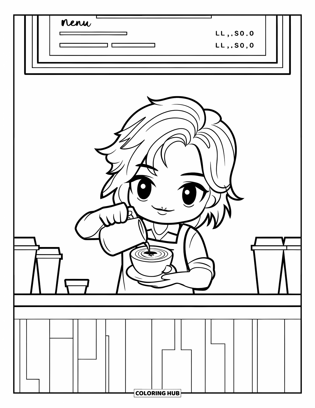 Career Coloring Page for Kids: A cheerful barista makes latte art at the counter under a hanging menu