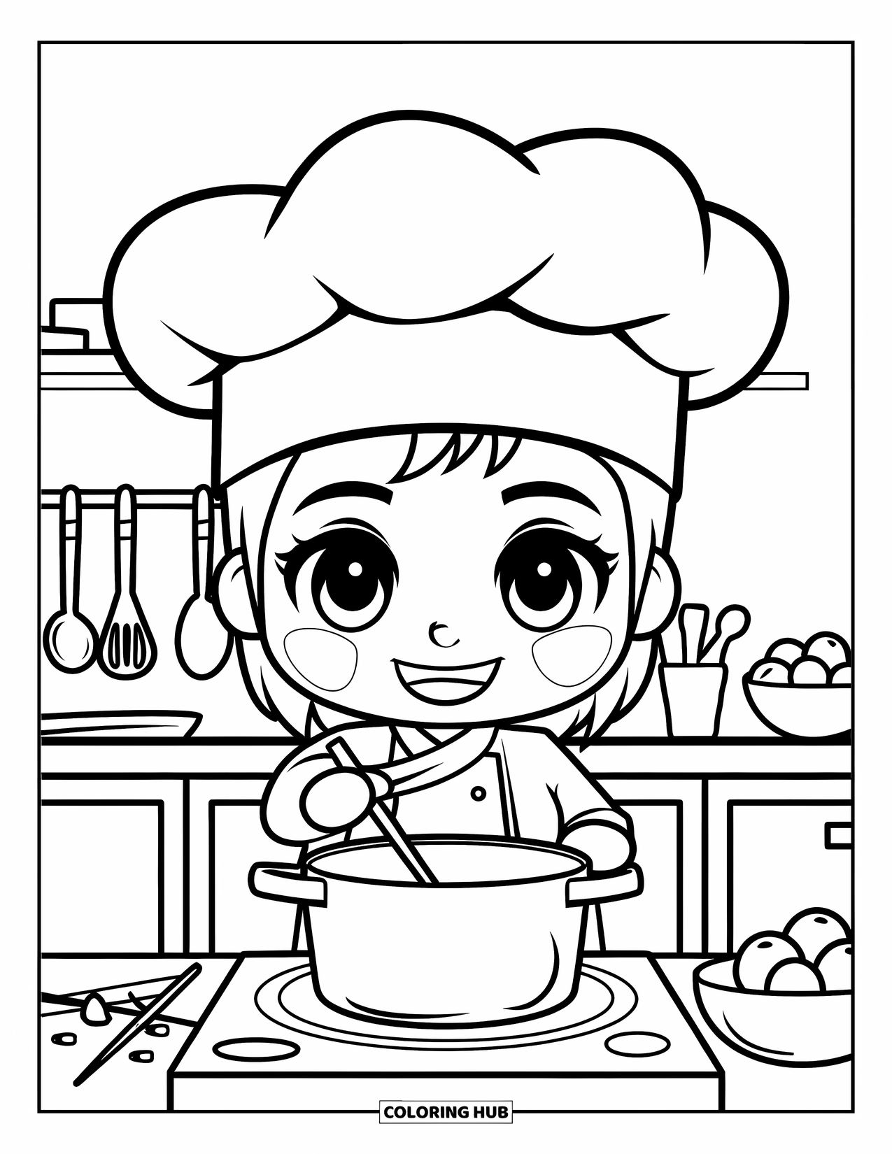 Career Coloring Page for Kids: A chef stirs a pot on the stove under a big chef's hat