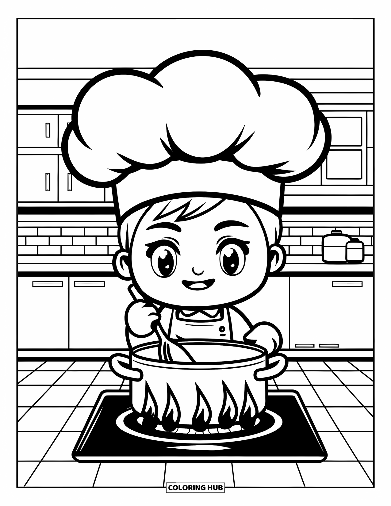 Career Coloring Page for Kids: A chef stirs a steaming pot on the stove inside a bright kitchen
