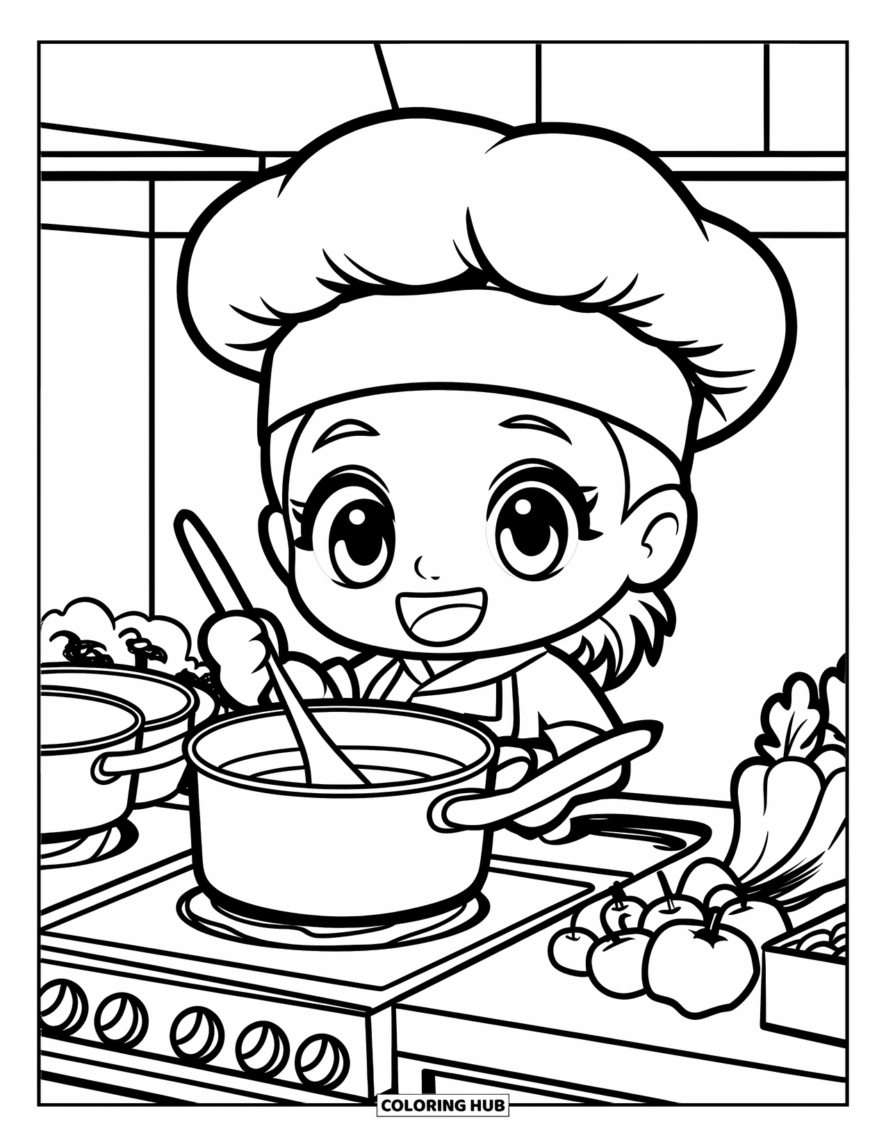 Career Coloring Page for Kids: A chef with a smile stirs a pot beside veggies and cooking pans