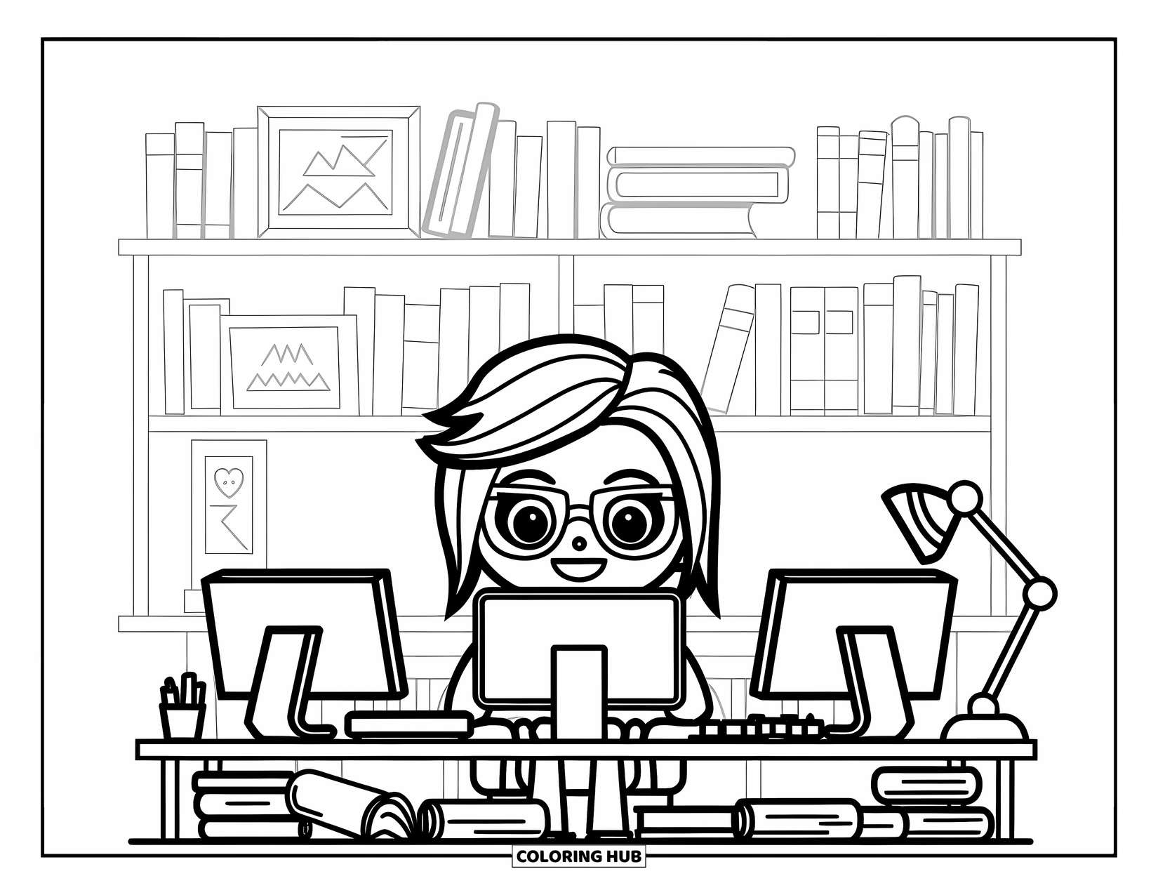 Career Coloring Page for Kids: A developer with glasses works on sketches at a cluttered desk