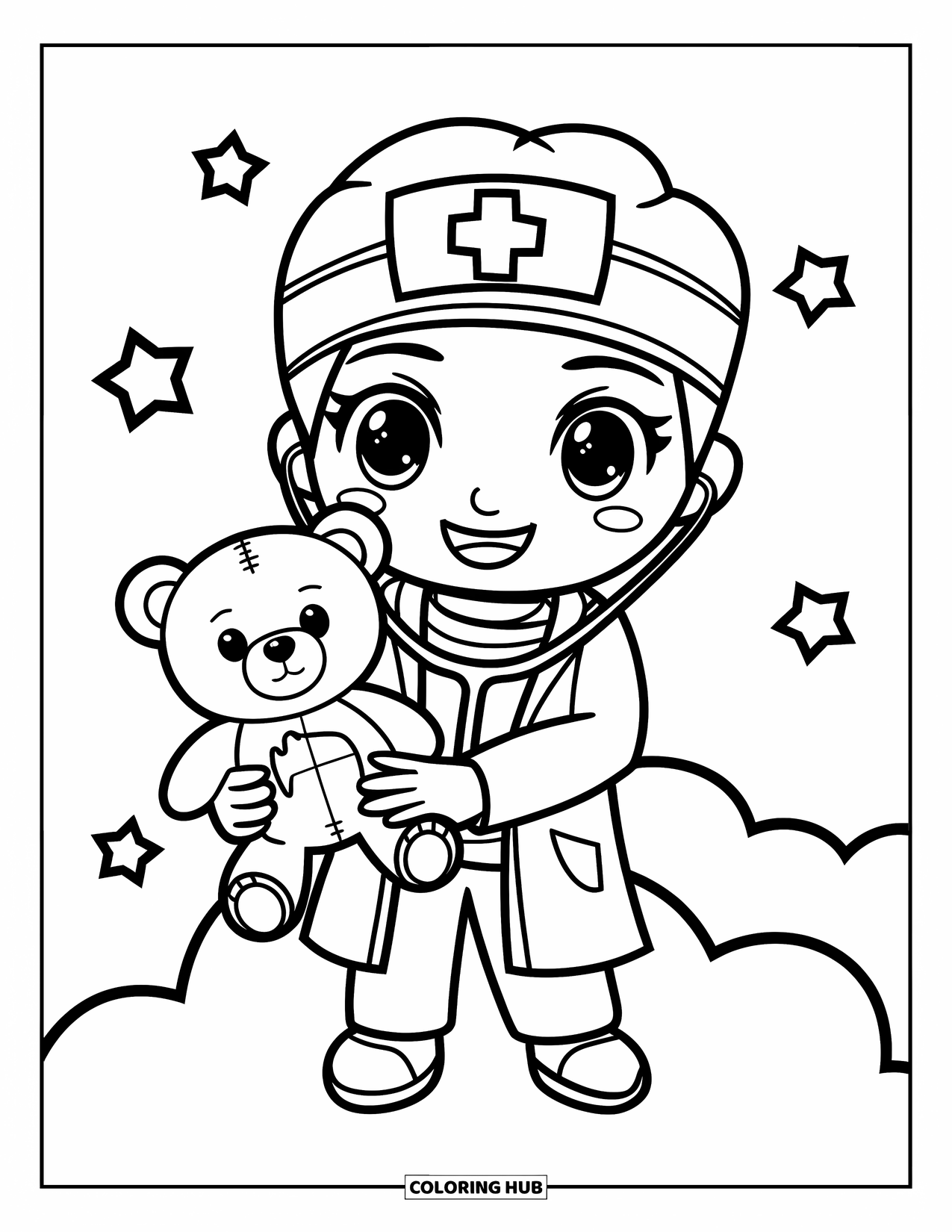 Career Coloring Page for Kids: A doctor holds a teddy bear while floating on a cloud with stars