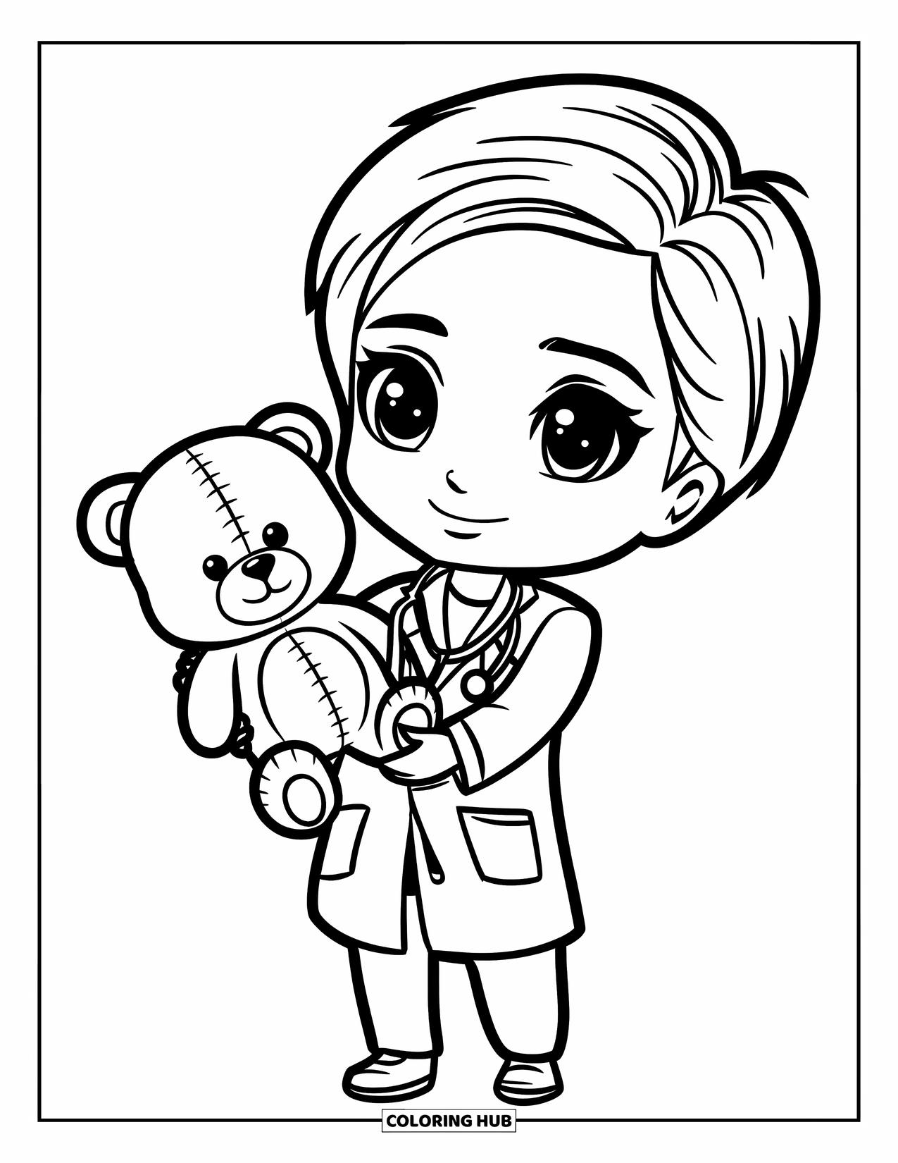 Career Coloring Page for Kids: A doctor hugs a teddy bear while wearing a stethoscope and smiling