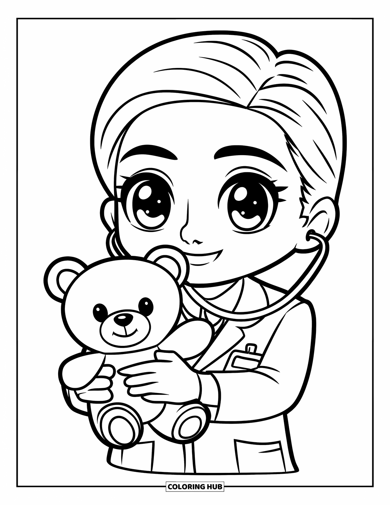 Career Coloring Page for Kids: A doctor smiles while holding a teddy bear and wearing a stethoscope