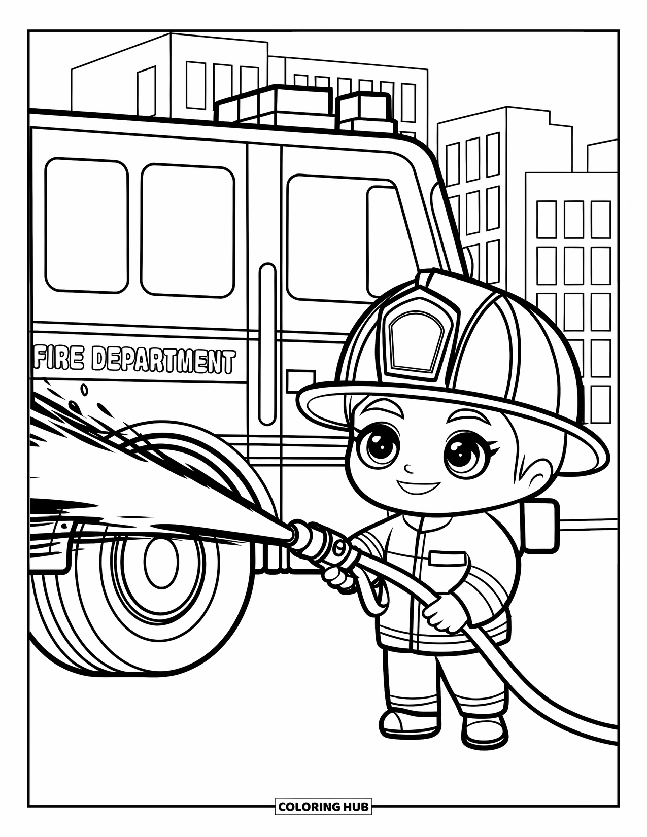 Career Coloring Page for Kids: A firefighter sprays water beside a red firetruck marked "Fire Department"