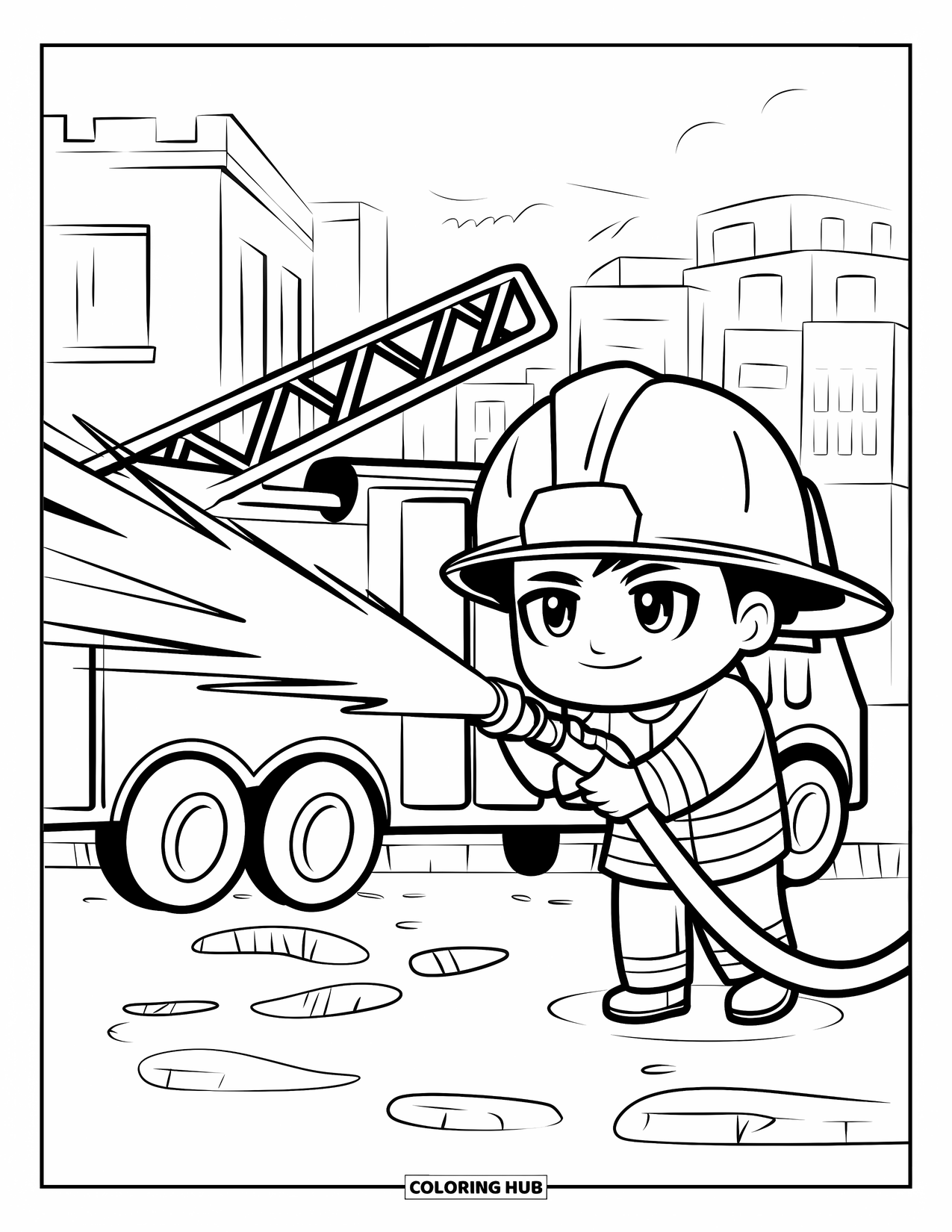 Career Coloring Page for Kids: A firefighter sprays water from a hose beside a red firetruck in the city