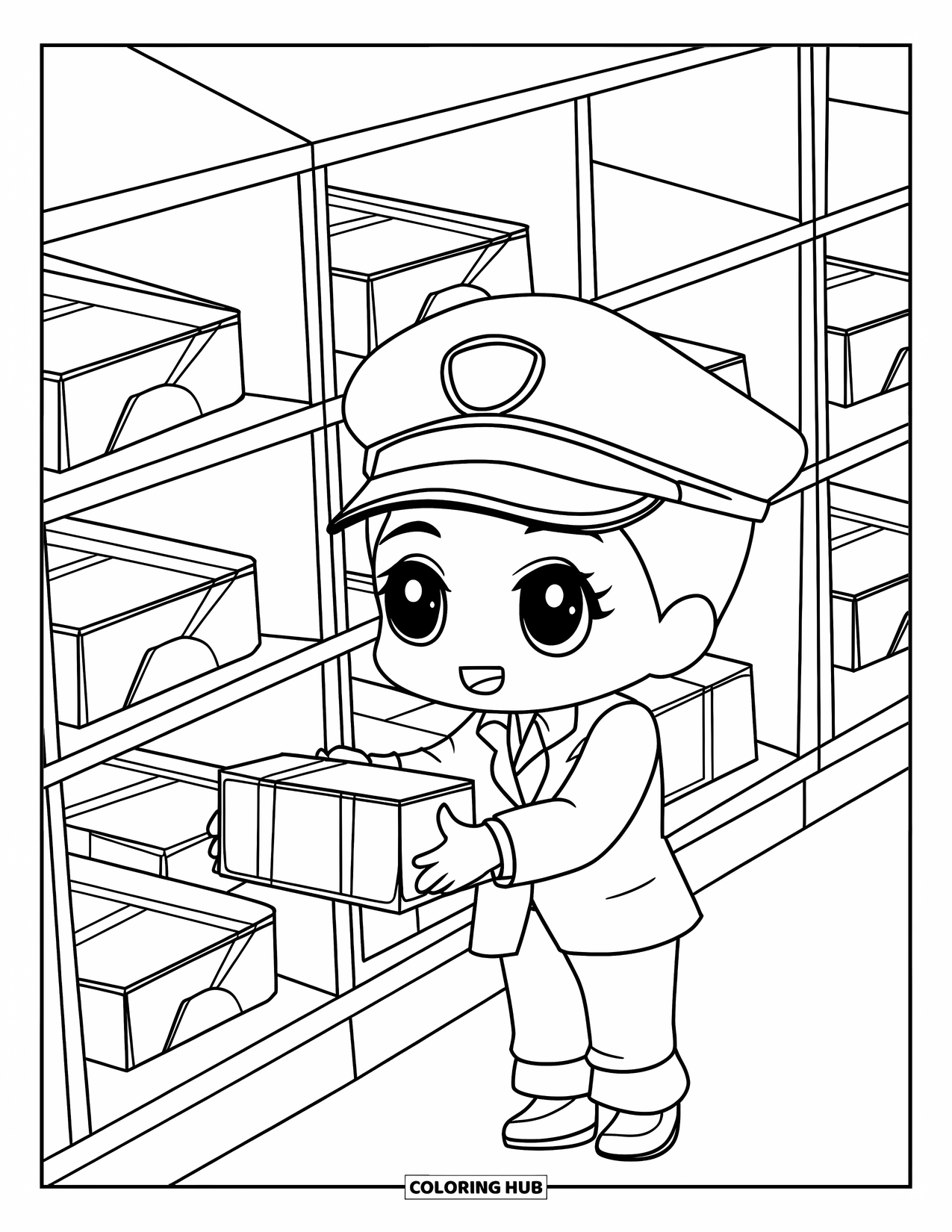 Career Coloring Page for Kids: A mail carrier sorts packages into a cubby shelf inside a post office