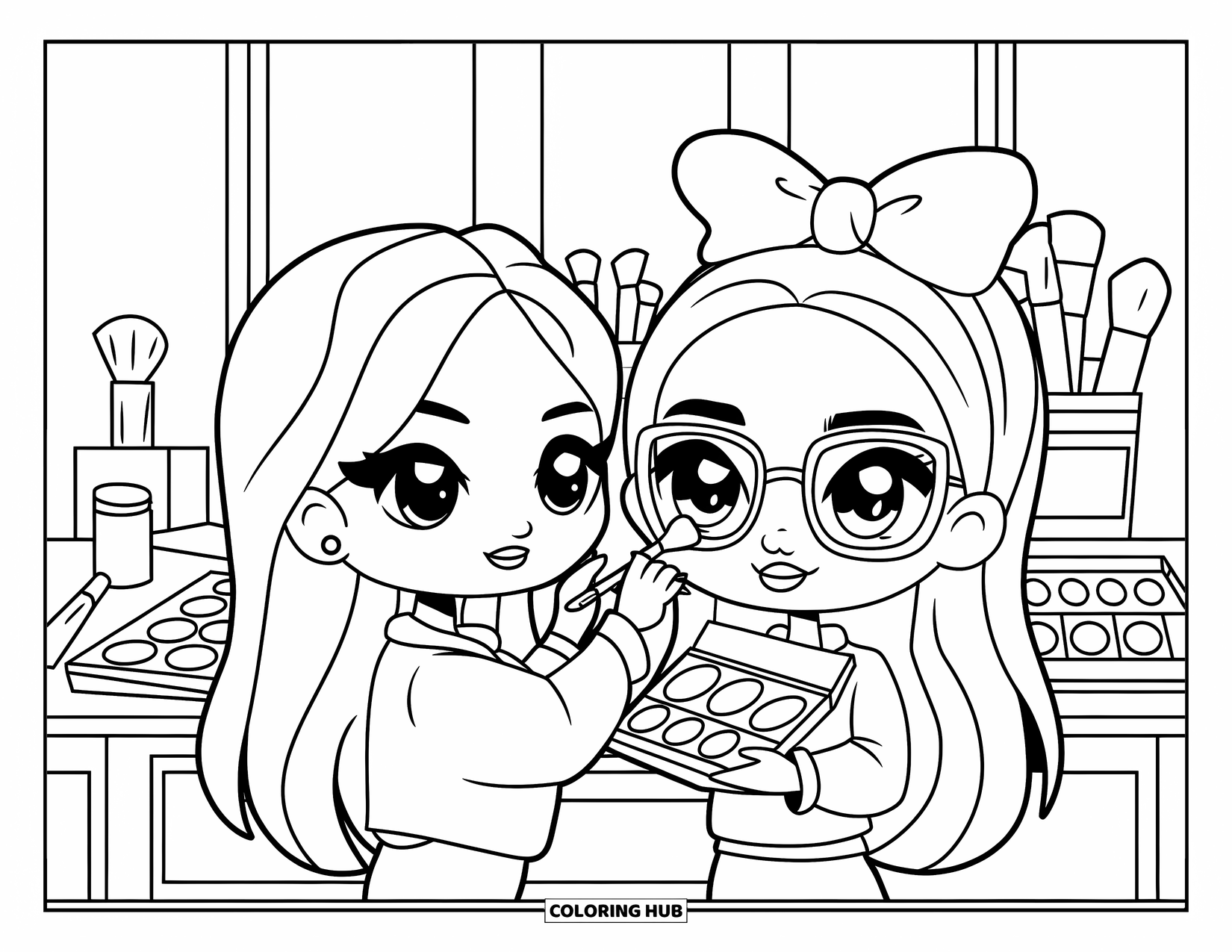 Career Coloring Page for Kids: A makeup artist adds blush to a client in a studio full of tools