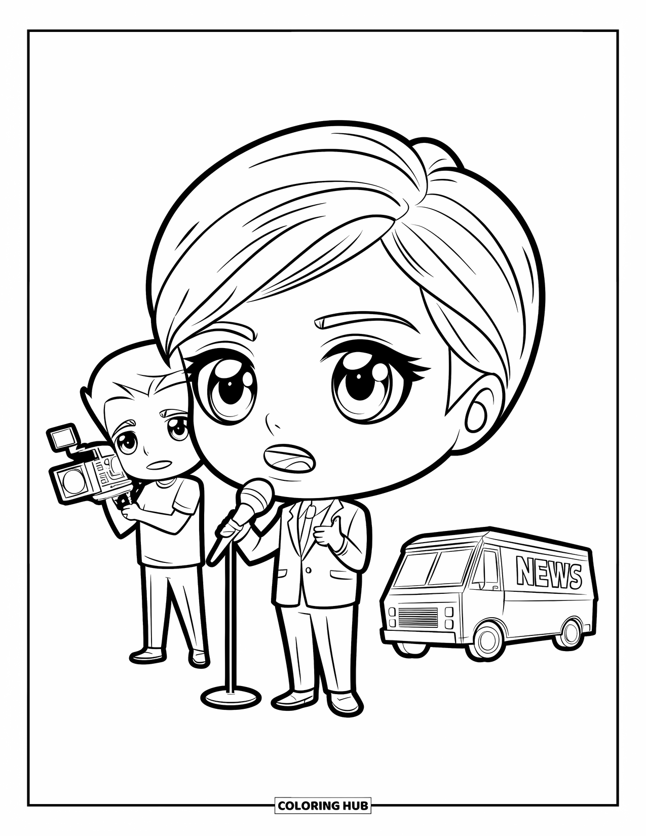 Career Coloring Page for Kids: A news reporter and cameraman work beside a nearby news van