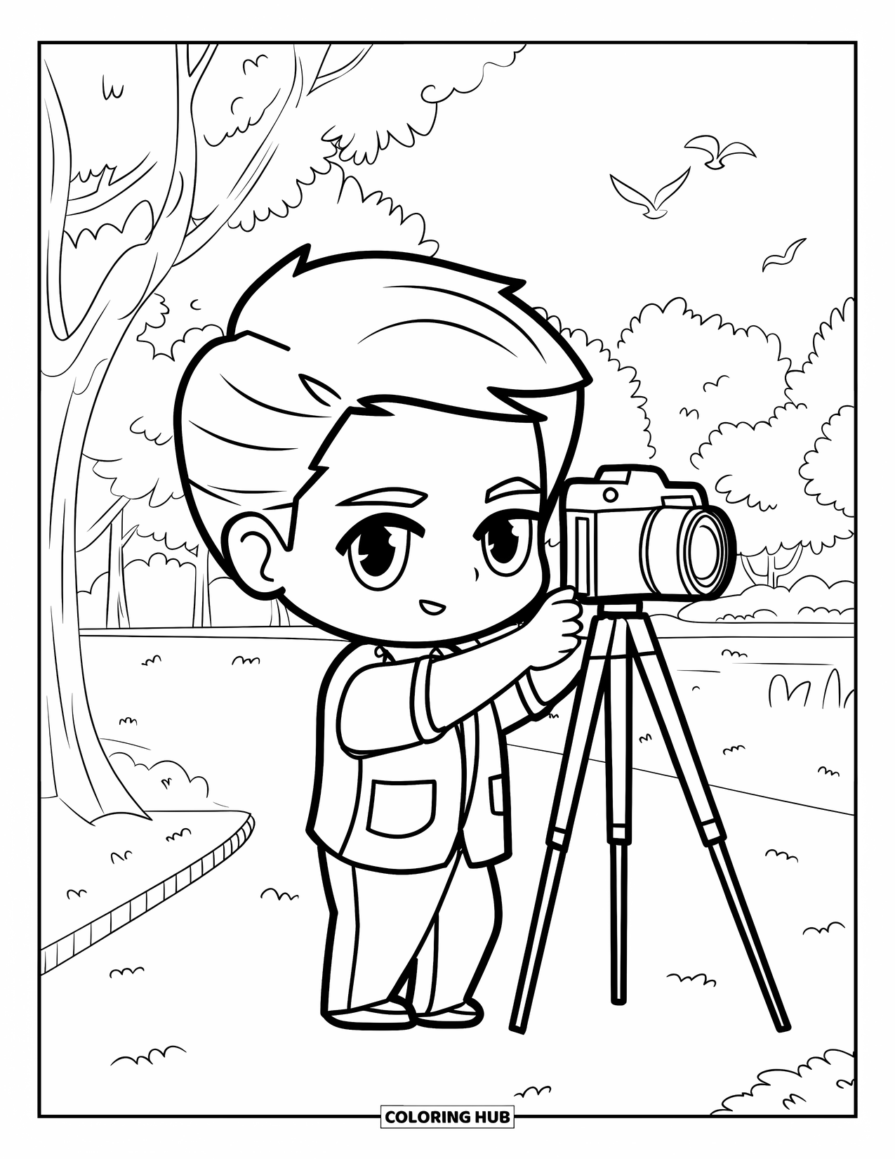 Career Coloring Page for Kids: A photographer adjusts camera settings beside a tripod in a peaceful park