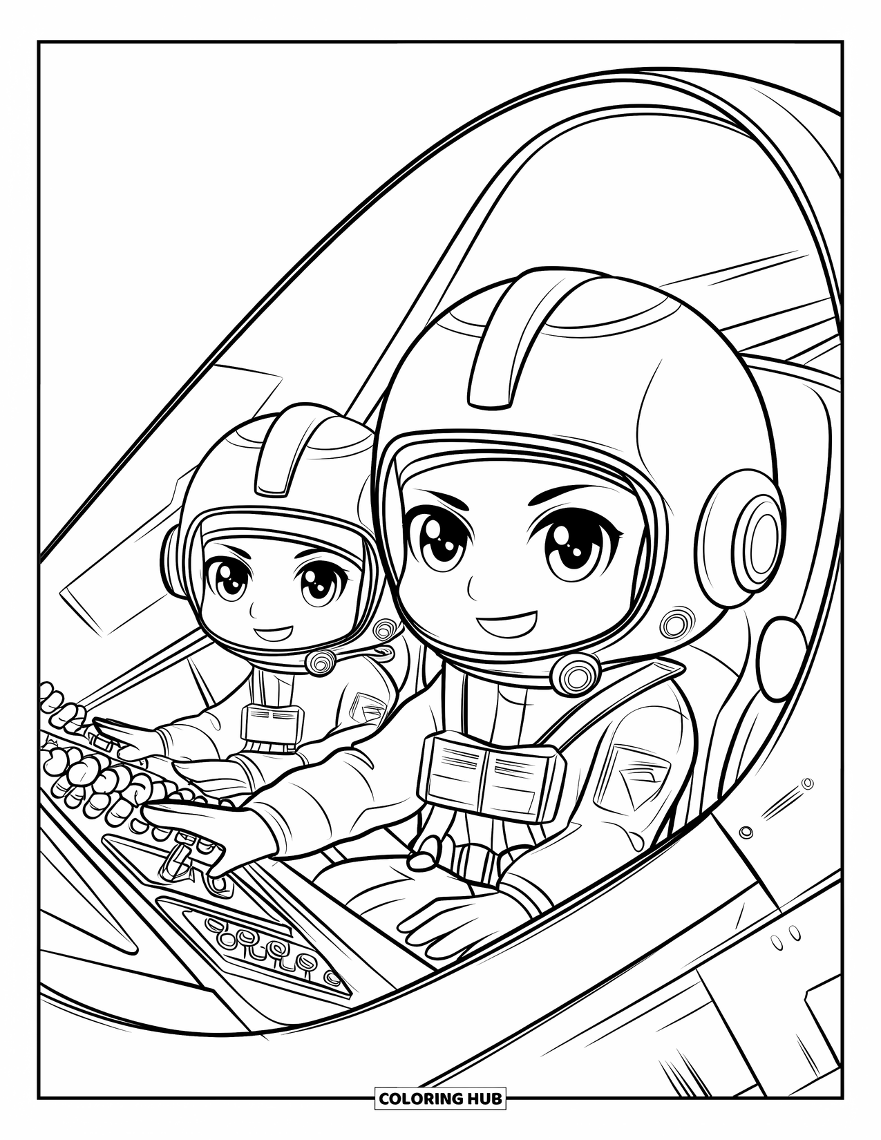 Career Coloring Page for Kids: A pilot and co-pilot sit in a cockpit with dials and buttons