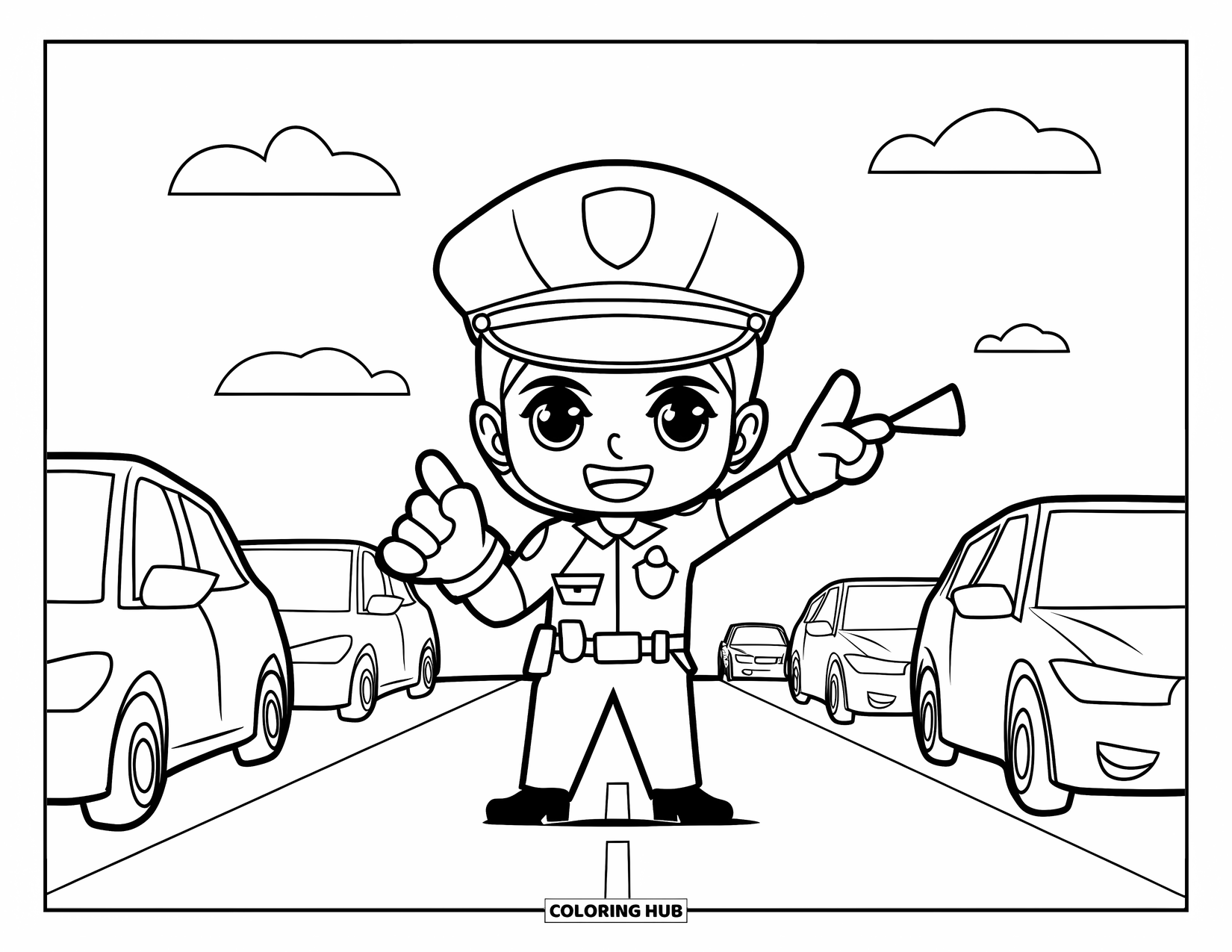 Career Coloring Page for Kids: A police officer directs traffic with gloves and whistle as cars wait