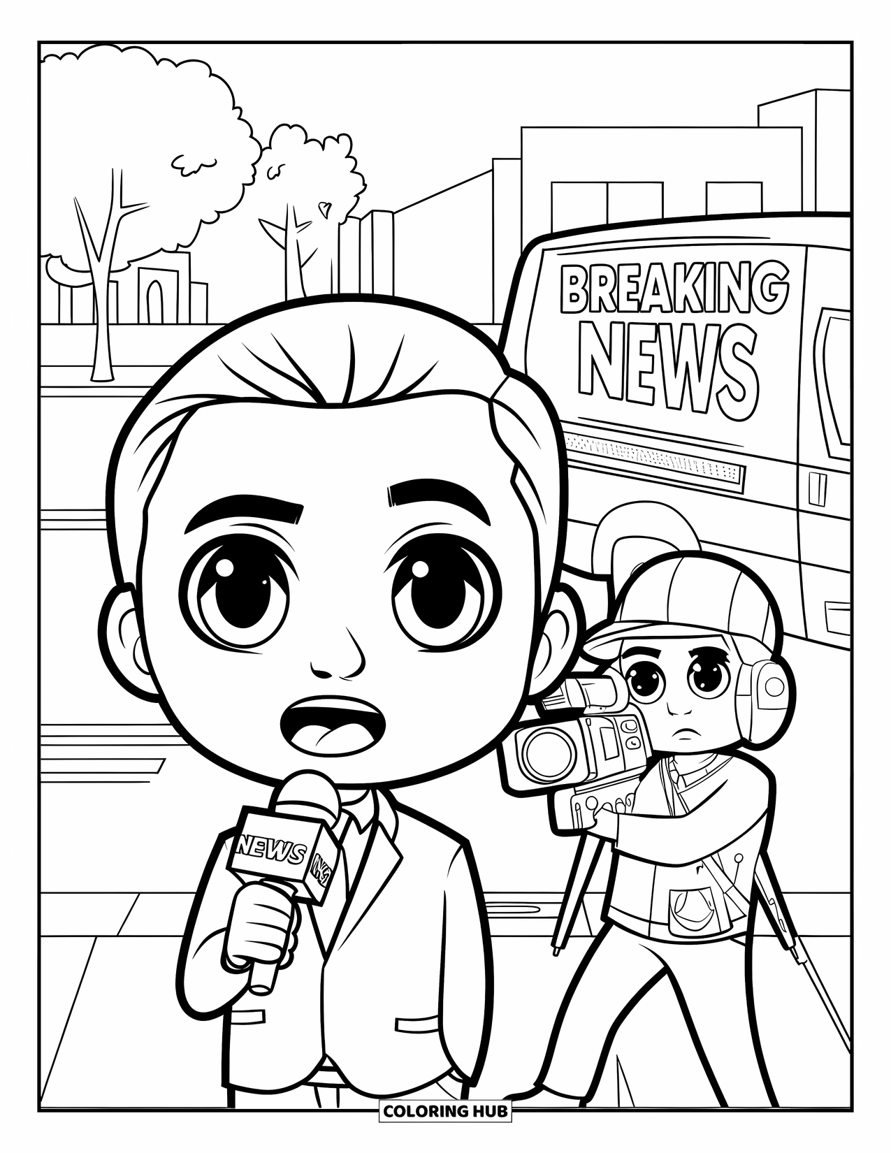 Career Coloring Page for Kids: A reporter stands on a city street with a cameraman and news van