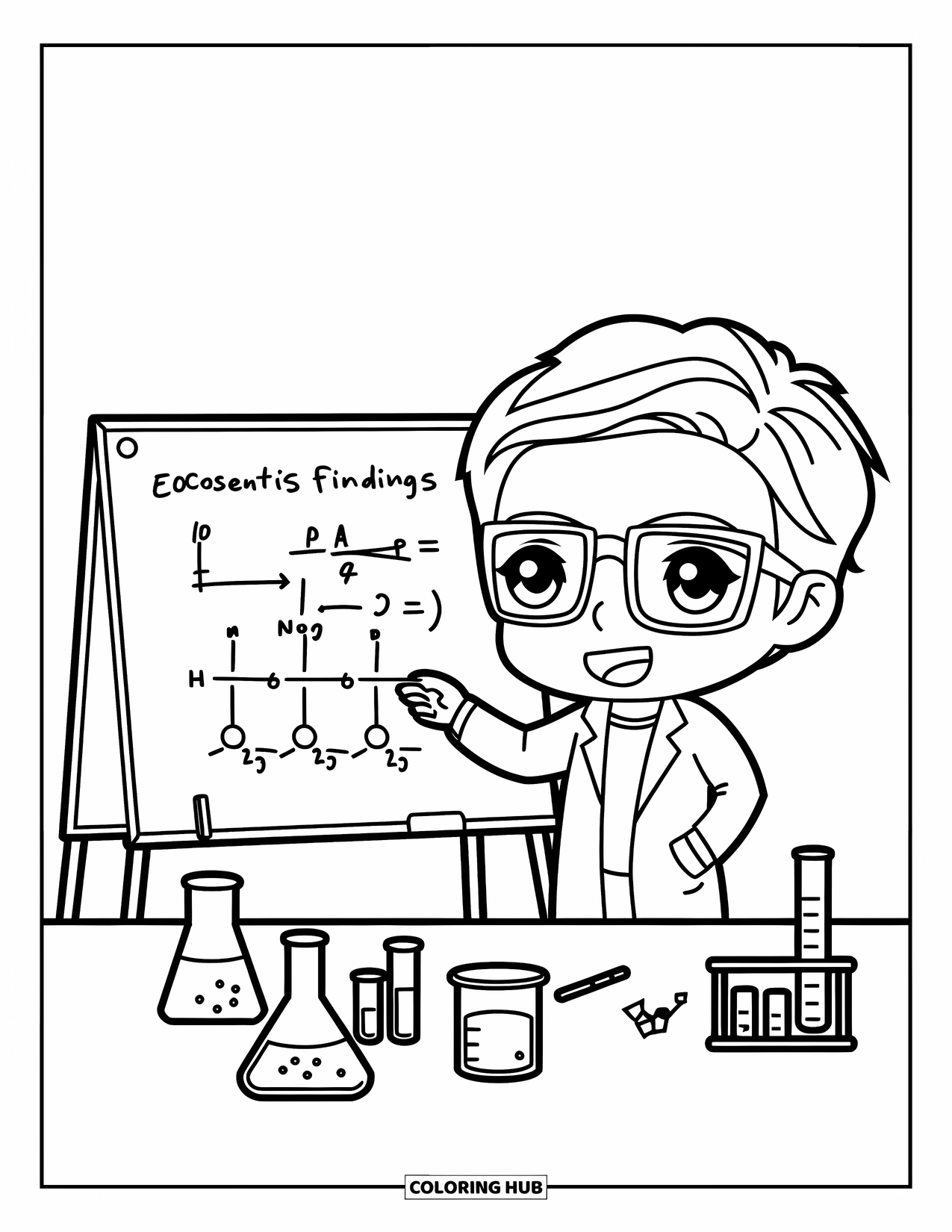 Career Coloring Page for Kids: A scientist shows a complex equation beside test tubes and jars