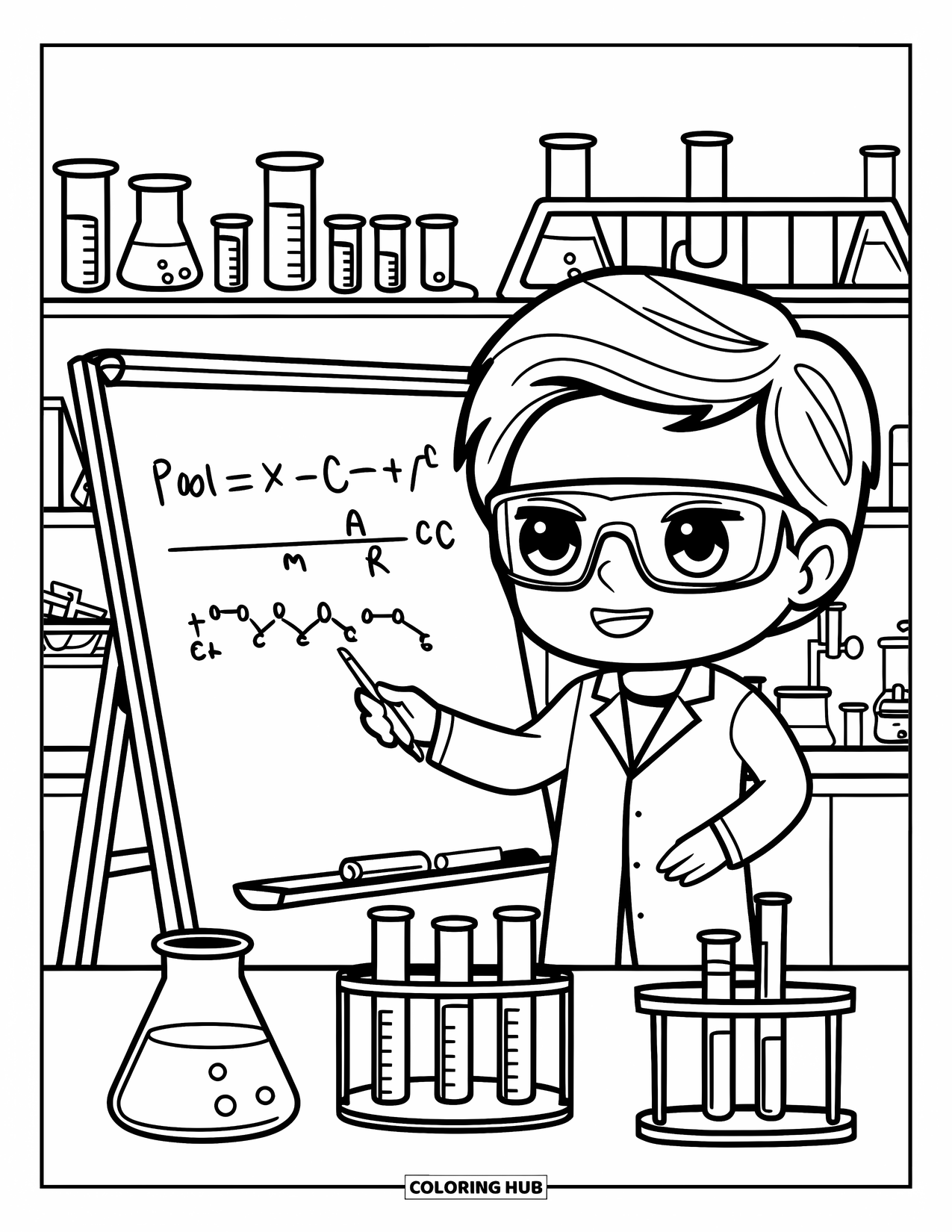 Career Coloring Page for Kids: A scientist teaches from a whiteboard filled with formulas and lab tools