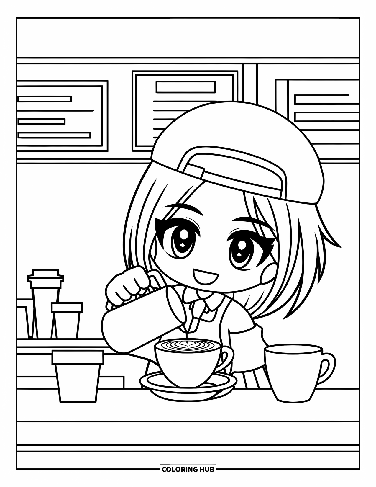 Career Coloring Page for Kids: A small-hat barista pours coffee at a cozy counter setup