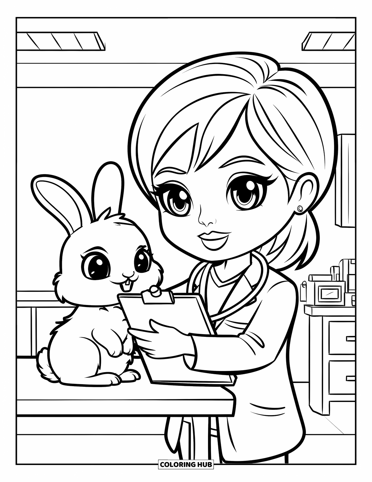 Career Coloring Page for Kids: A vet with orange hair performs a bunny checkup in a clinic