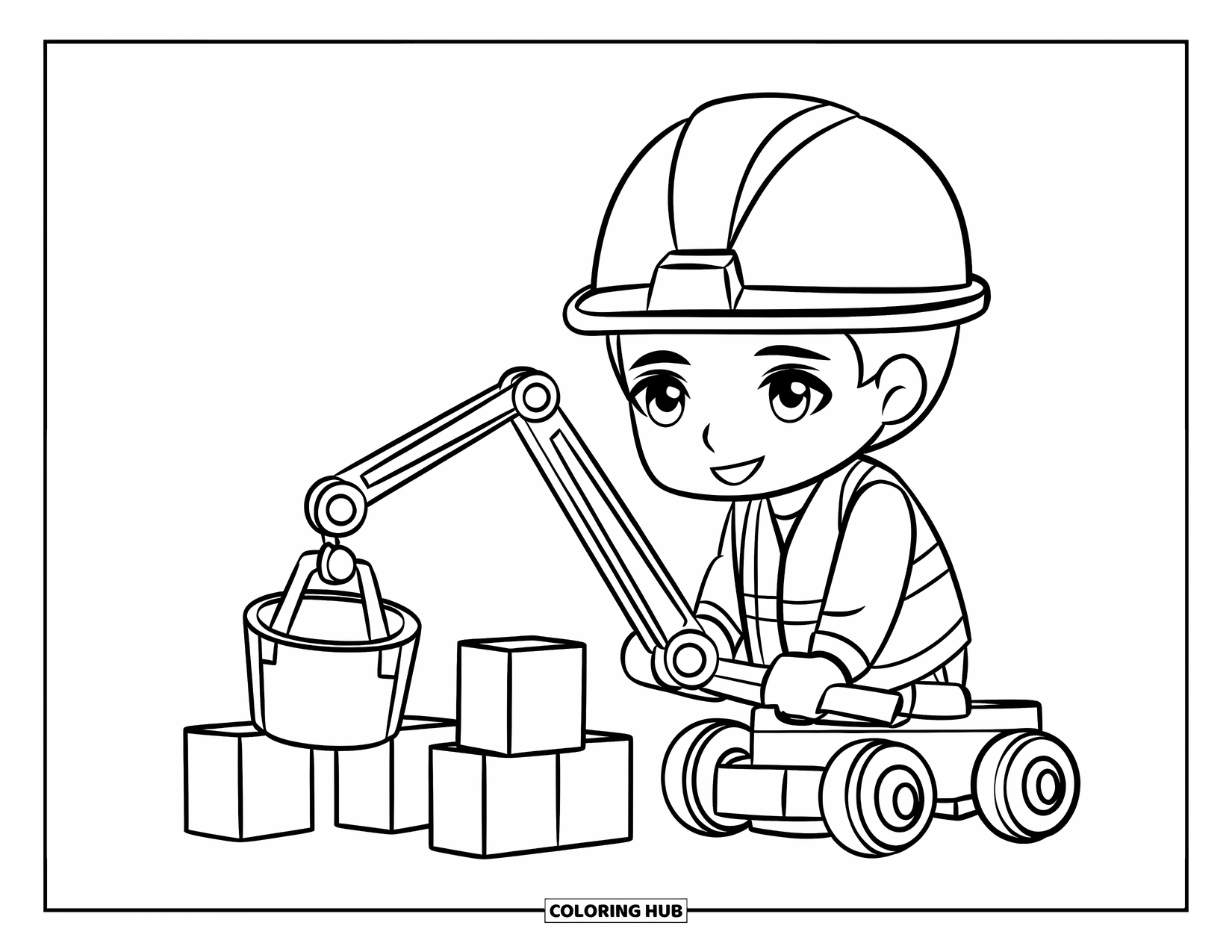 Career Coloring Page for Kids: A worker uses a toy crane beside mixed-shape blocks on a white background