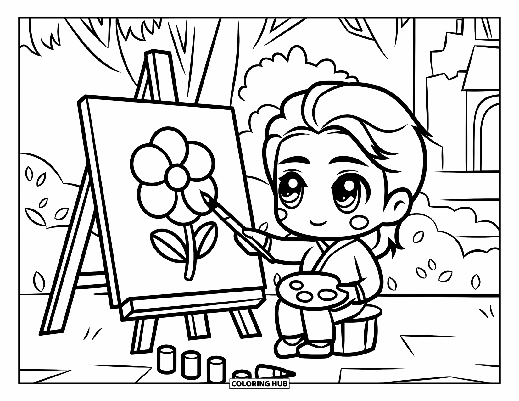 Career Coloring Page for Kids: An artist paints a flower near trees and a building in a peaceful setting