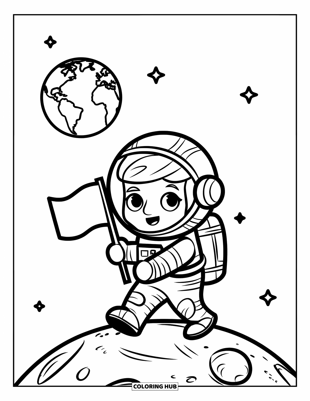 Career Coloring Page for Kids: An astronaut walks on the moon holding a flag with Earth in view