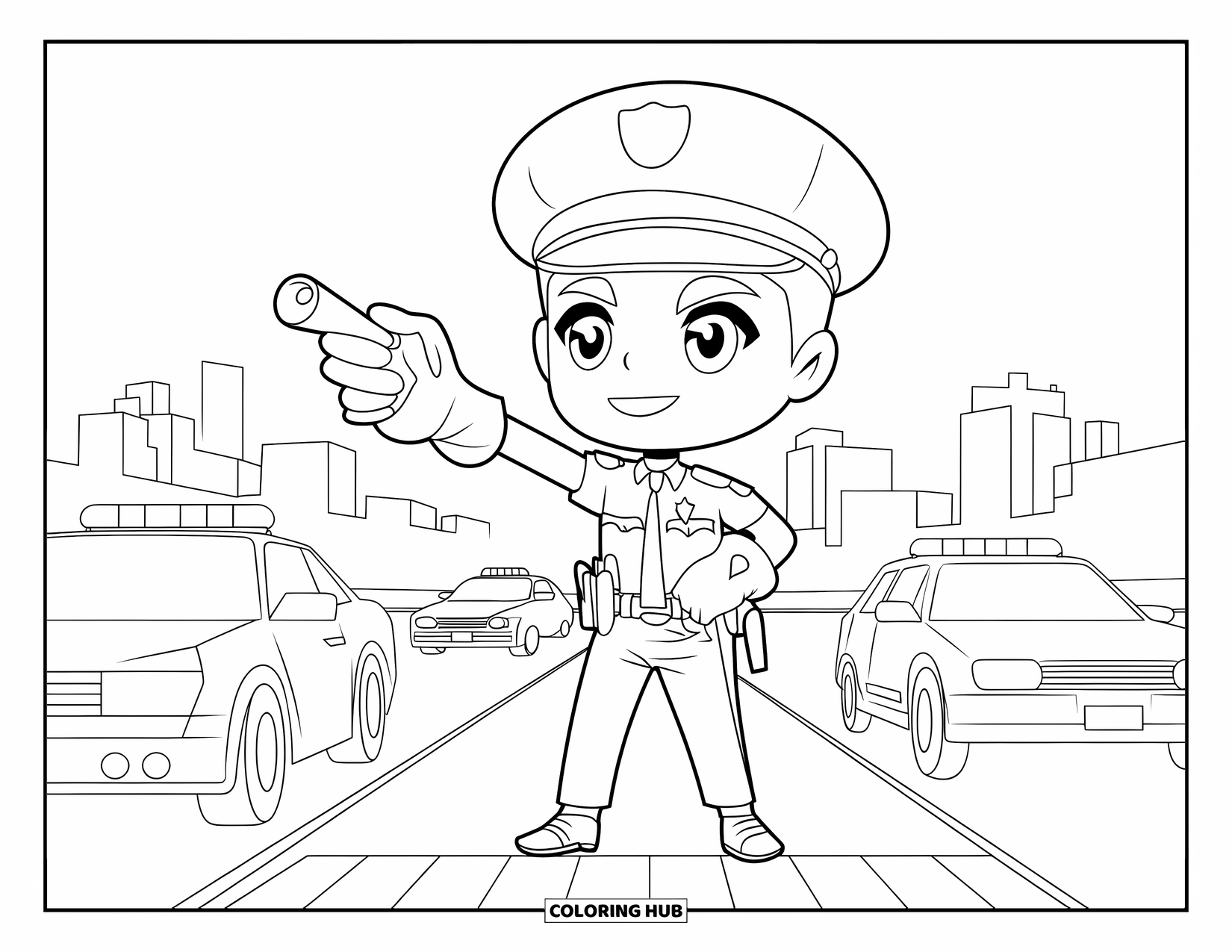 Career Coloring Page for Kids: An officer blows a whistle and directs traffic on a busy city road